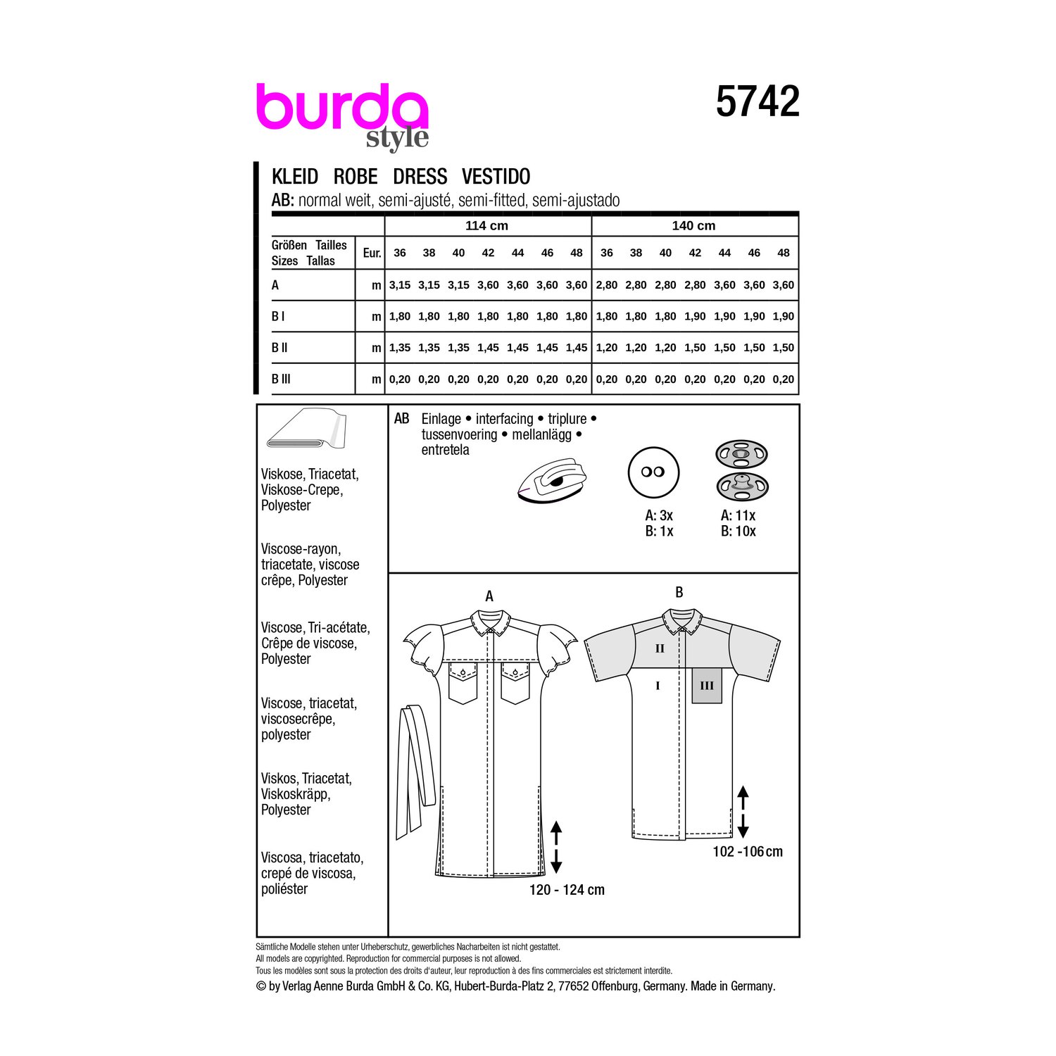 burda style Schnittmuster 5742: Hemdblusenkleid und Color-Blocking-Kleid, Rückseite der Schnittmustertüte mit Stoffverbrauch
