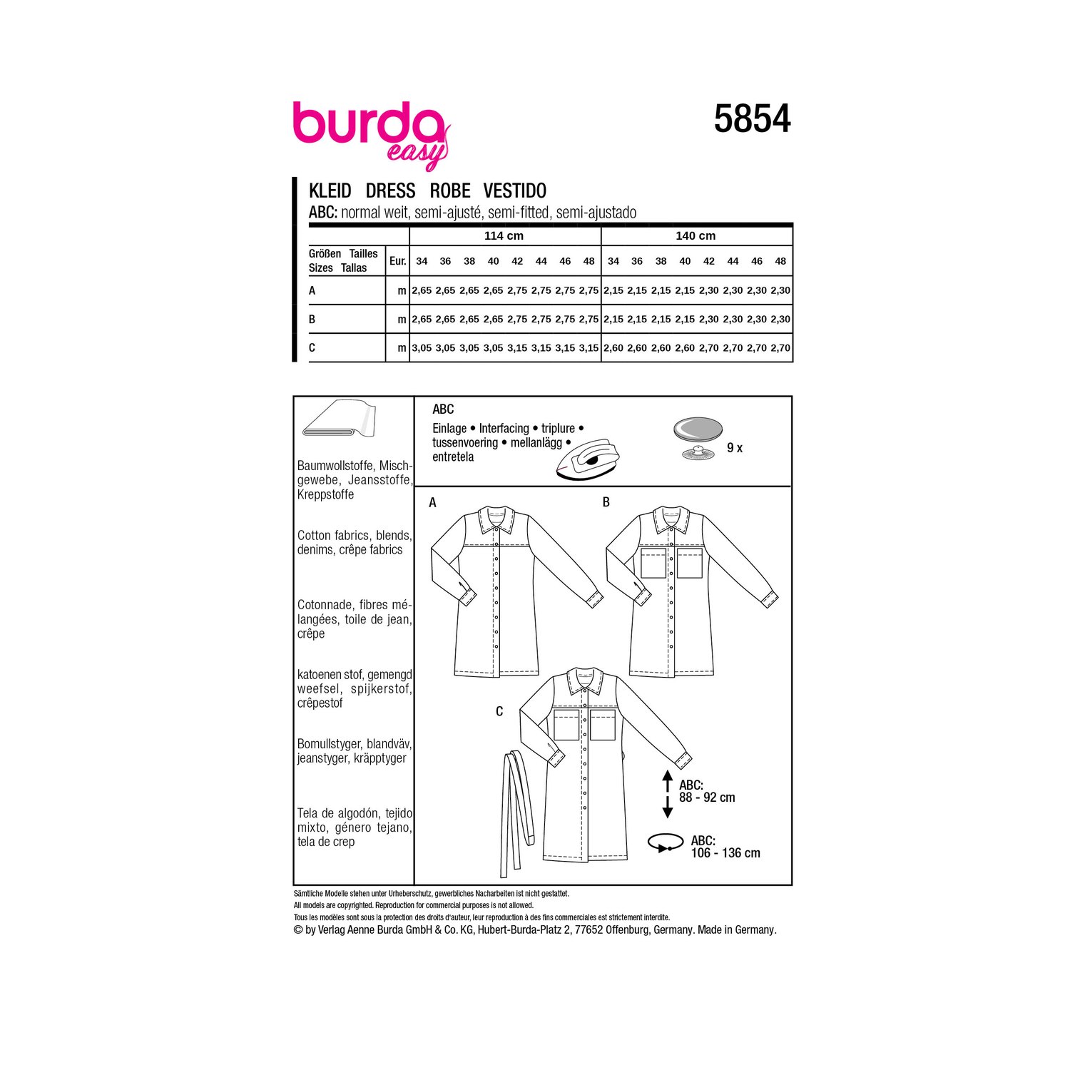 burda style Schnittmuster 5854: Hemdblusenkleid mit kleinem Kragen, Rückseite der Schnittmustertüte mit Stoffverbrauch