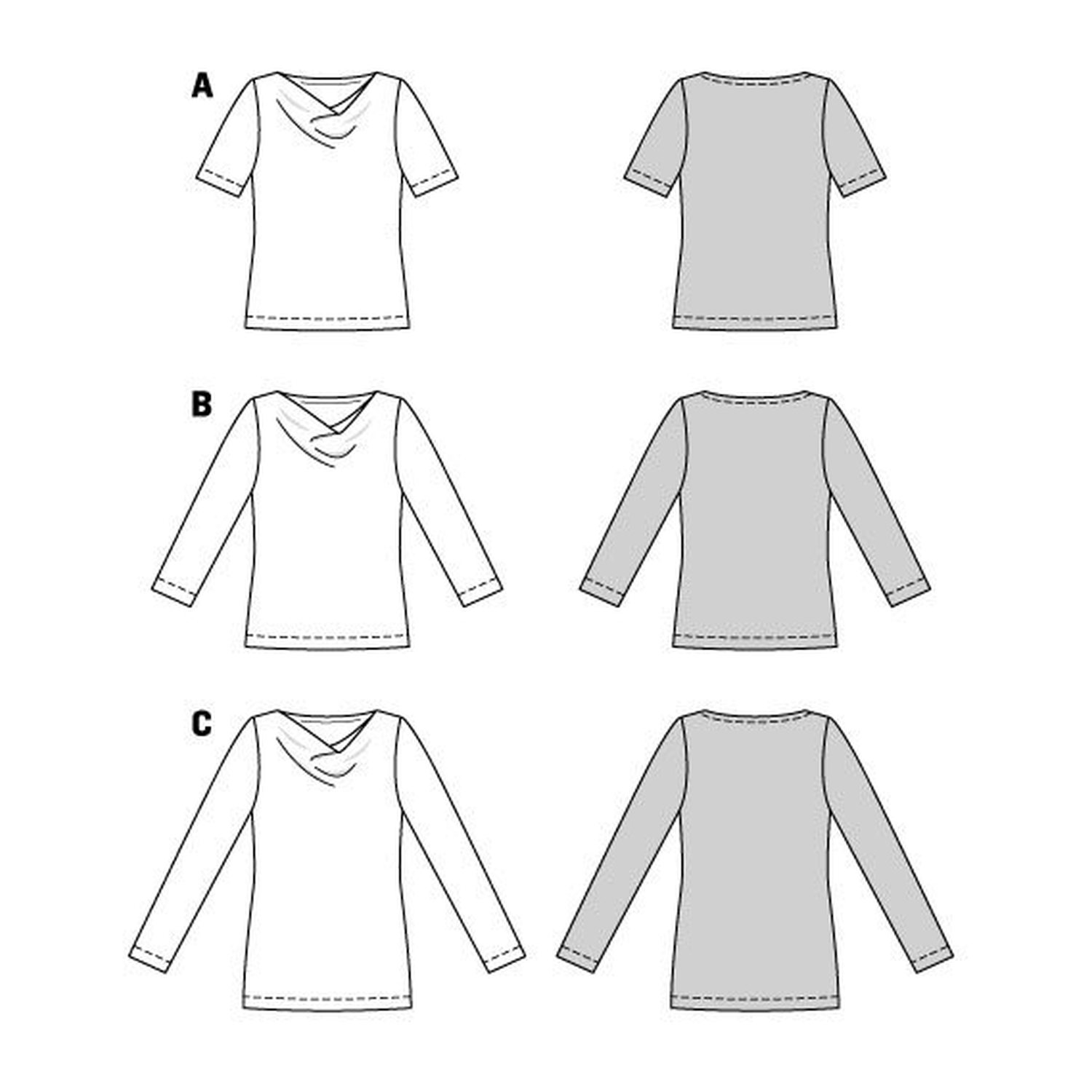 burda style Schnittmuster 5926: Shirt mit Wasserfallausschnitt, Technische Zeichnung
