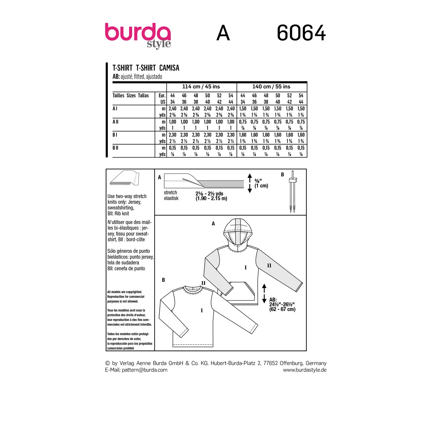 burda style Schnittmuster 6064: Herren-Sweatshirt mit Kapuze, Rückseite der Schnittmustertüte mit Stoffverbrauch