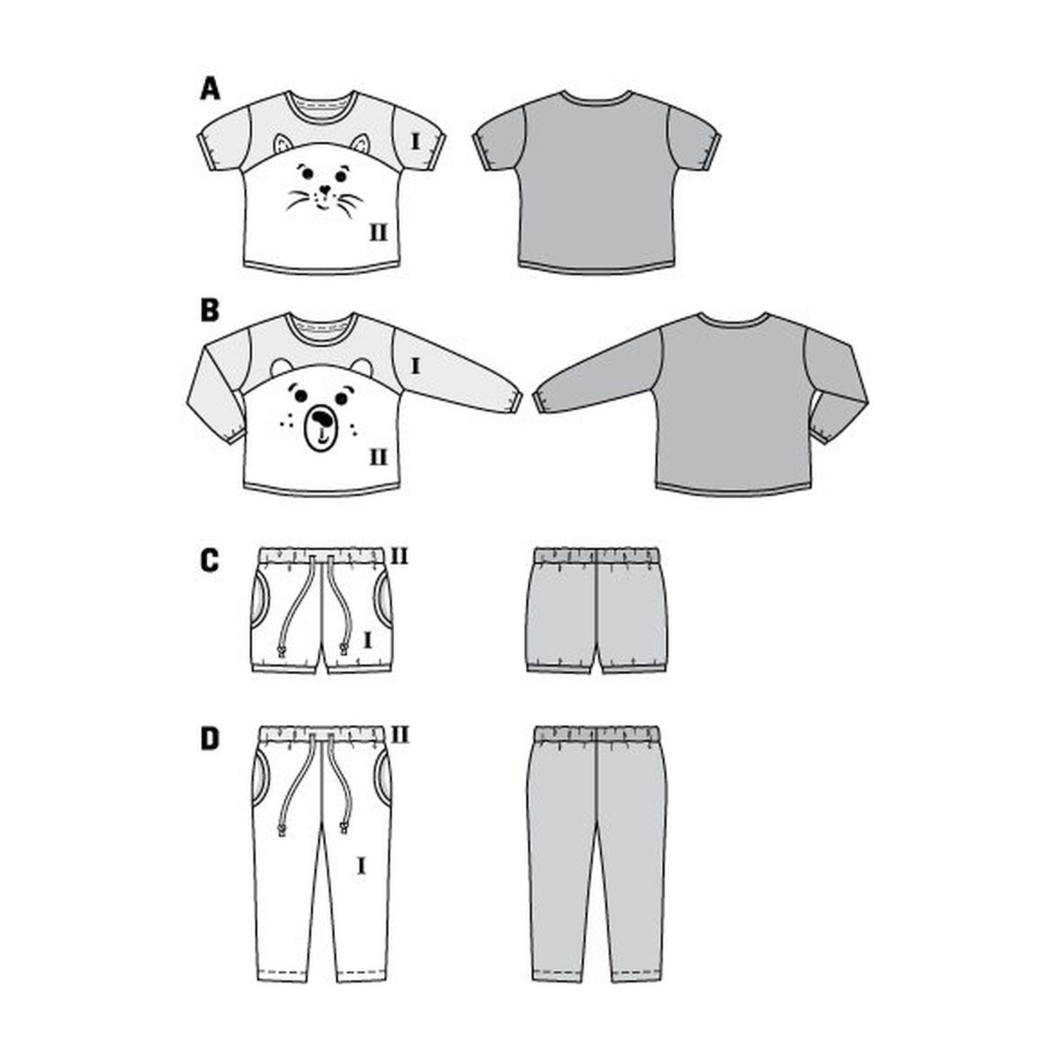 burda style Schnittmuster 9326: Kinderpyjama mit Bärengesicht, Technische Zeichnung