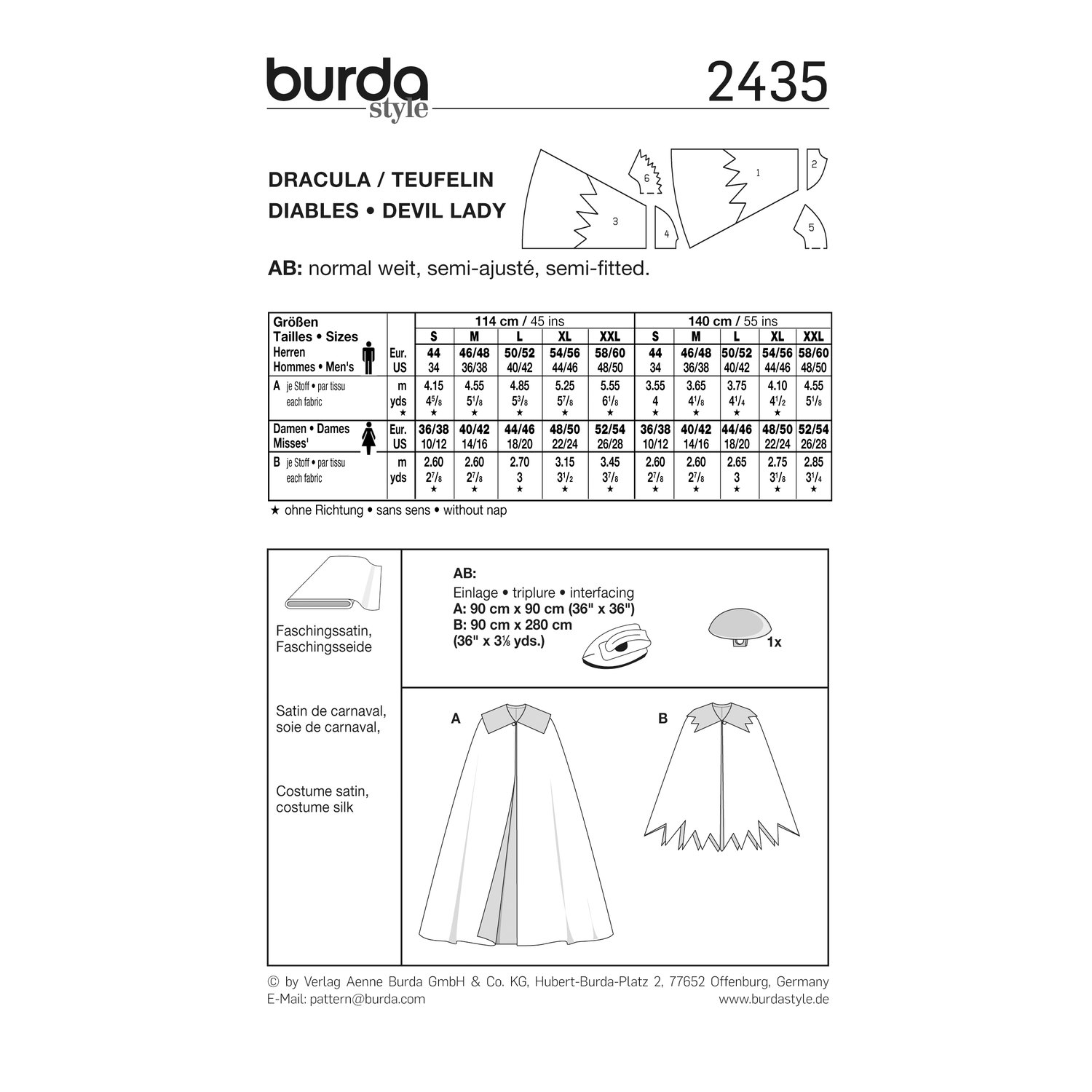 burda style Schnittmuster 2435: Capes für Dracula und Teufelin, Rückseite der Schnittmustertüte mit Stoffverbrauch