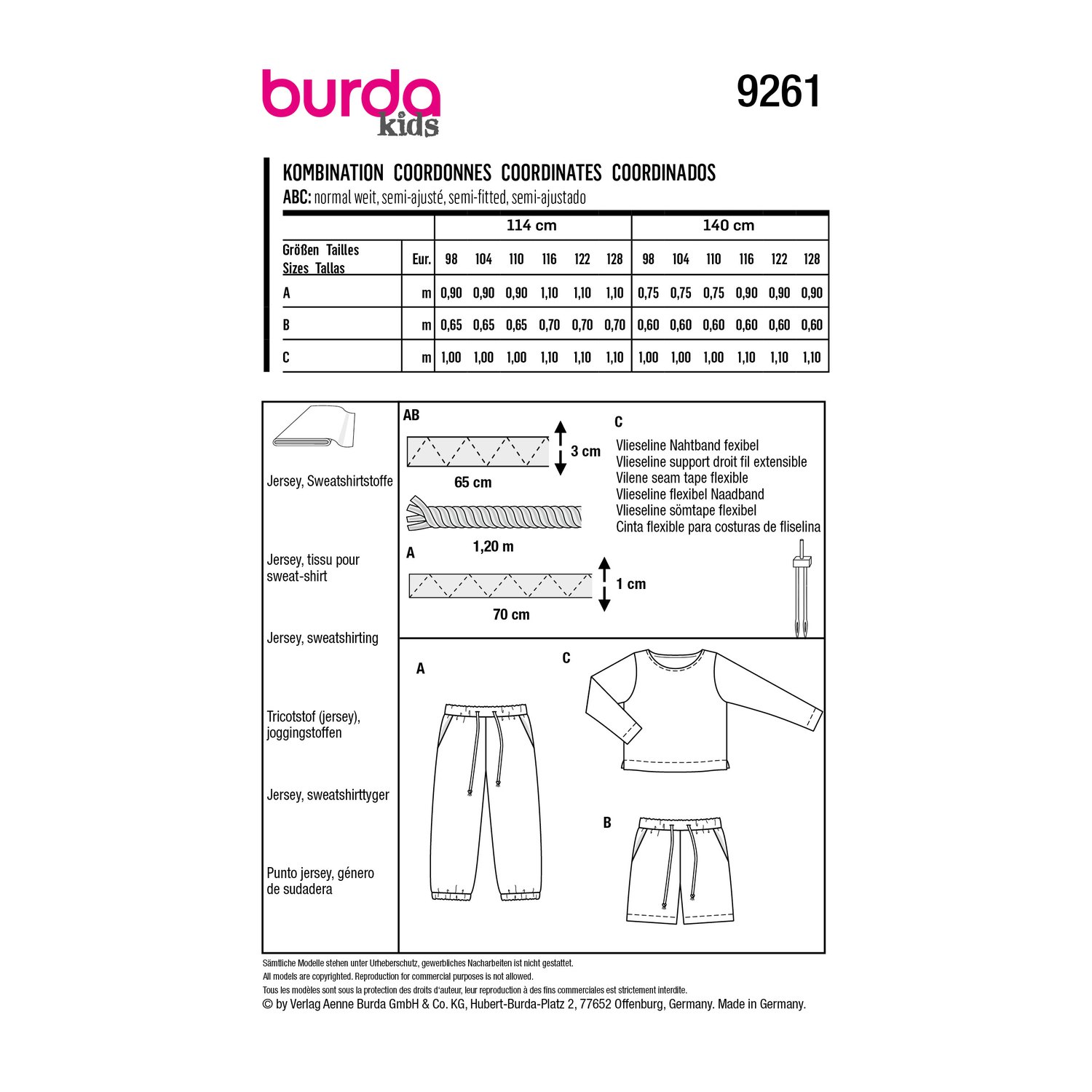 burda style Schnittmuster 9261: Schlupfhosen und Shirt, Rückseite der Schnittmustertüte mit Stoffverbrauch
