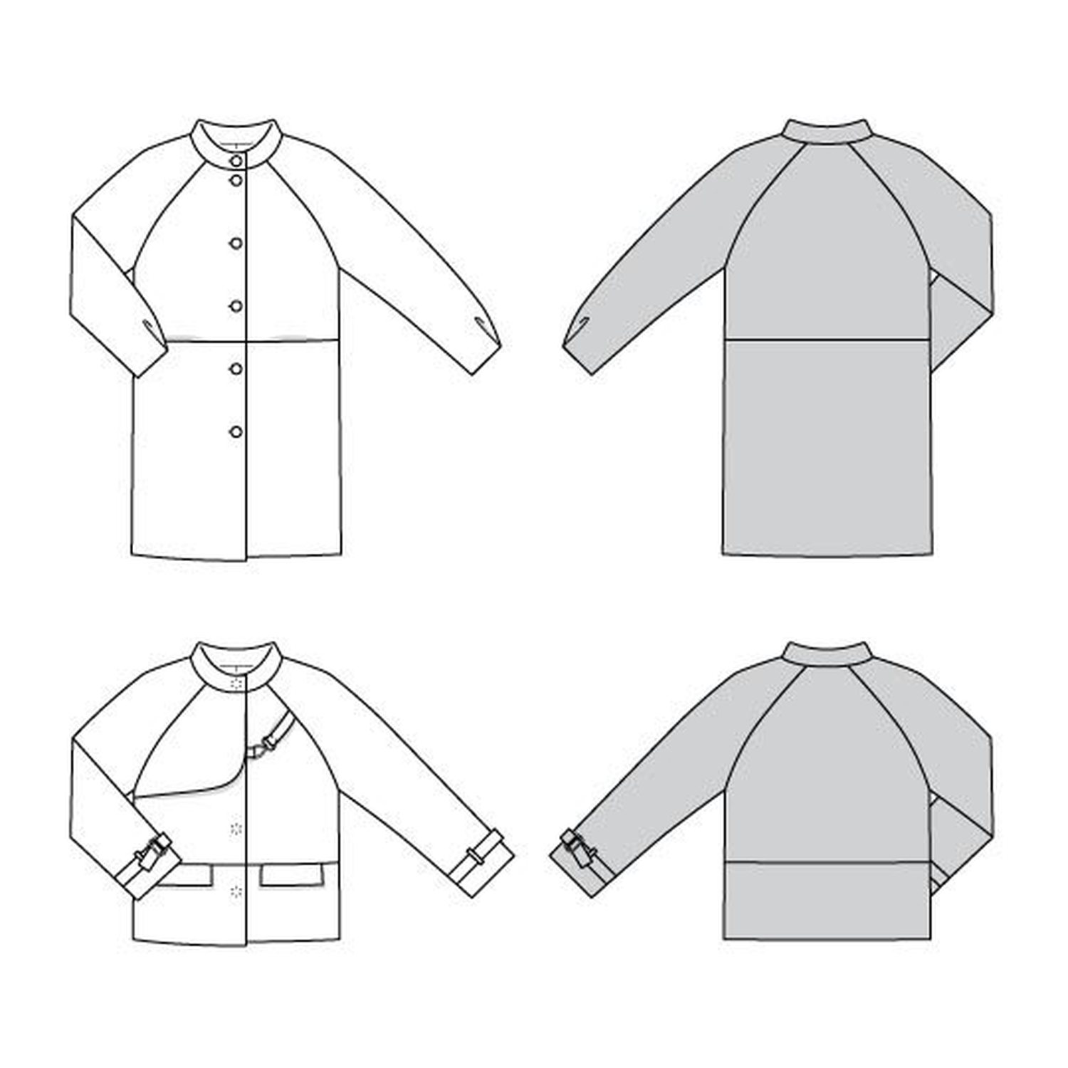 burda style Schnittmuster 5974: Mantel und Jacke mit Raglanärmeln, Technische Zeichnung