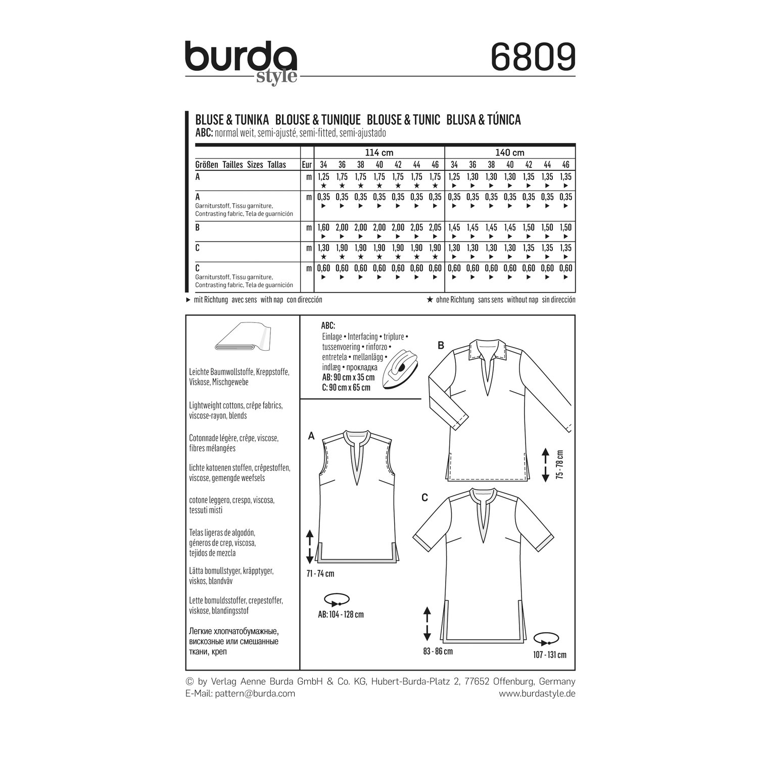 burda style Schnittmuster 6809: Tunika mit V-Blende, Rückseite der Schnittmustertüte mit Stoffverbrauch