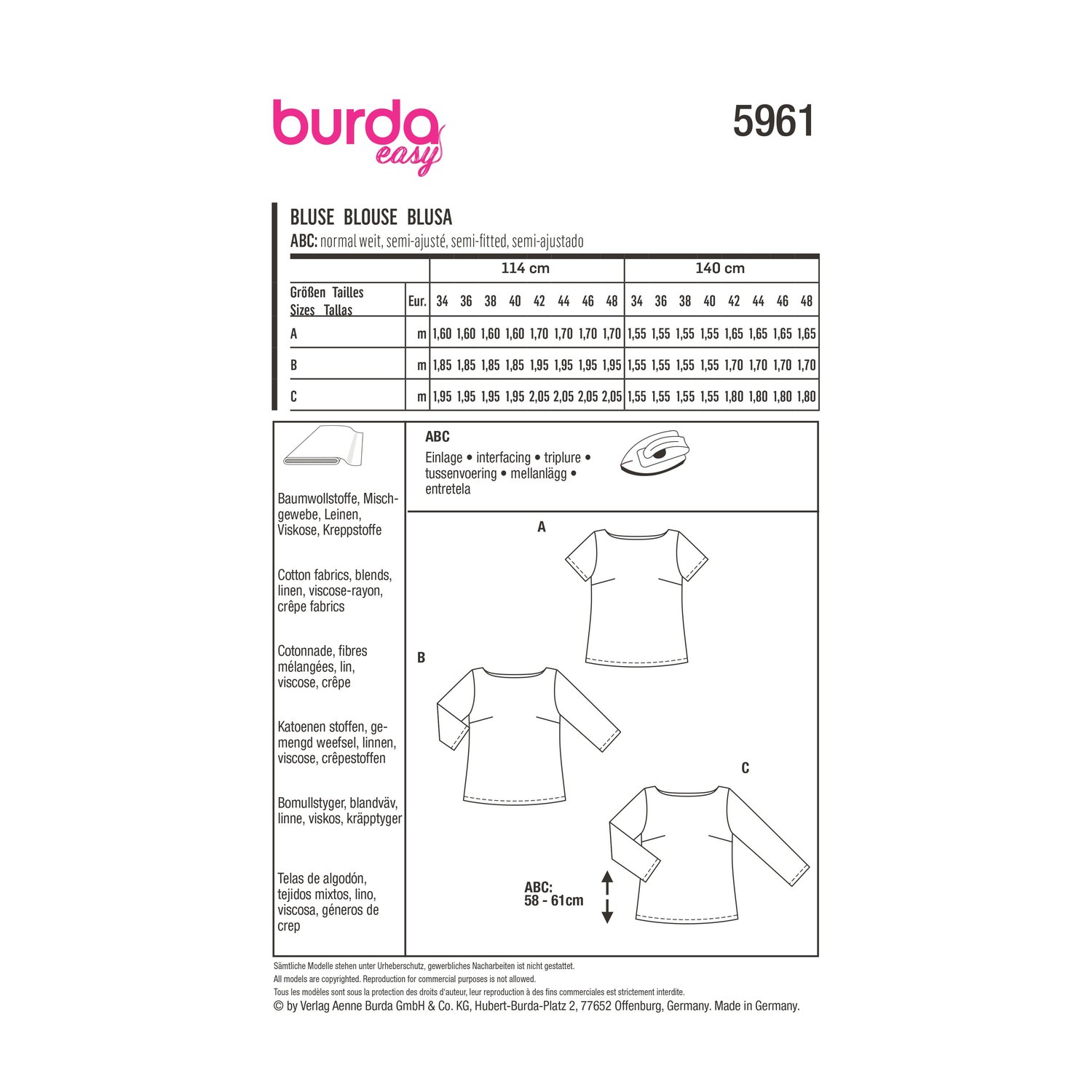 burda style Schnittmuster 5961: Schlichte Bluse mit Abnähern, Rückseite der Schnittmustertüte mit Stoffverbrauch