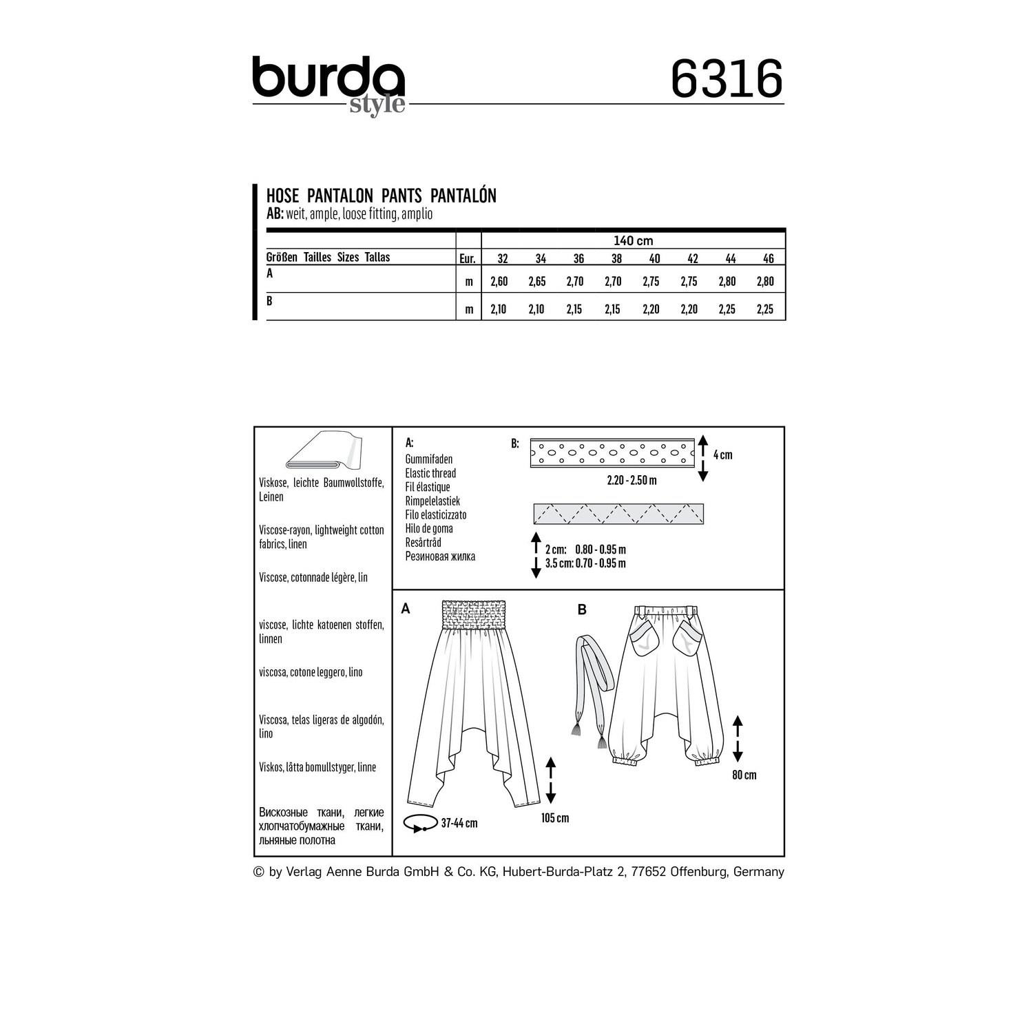 burda style Schnittmuster 6316: Sarouelhose mit Gummizug, Rückseite der Schnittmustertüte mit Stoffverbrauch