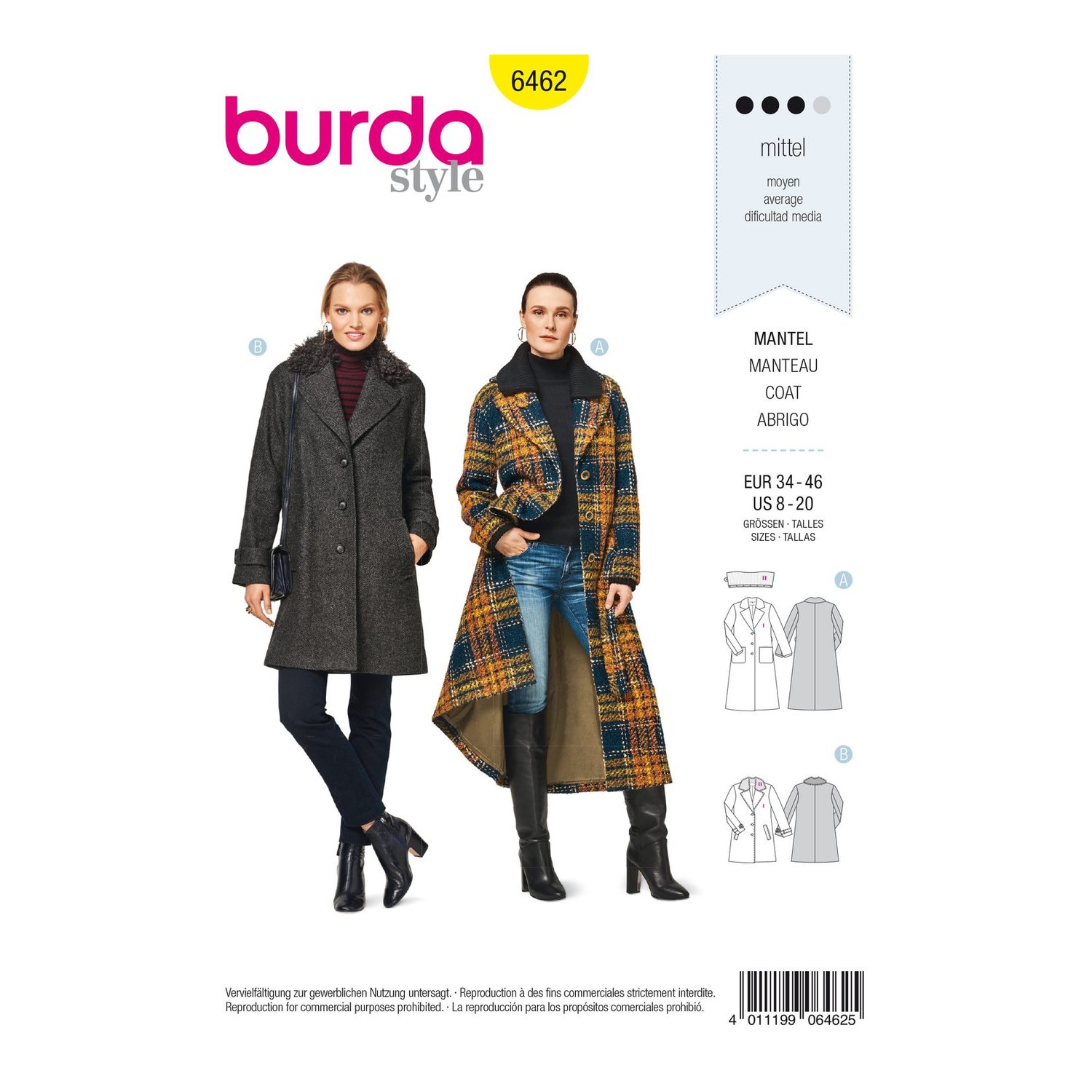 burda style Schnittmuster 6462: Blazermantel lang und kurz, Vorderseite der Schnittmustertüte