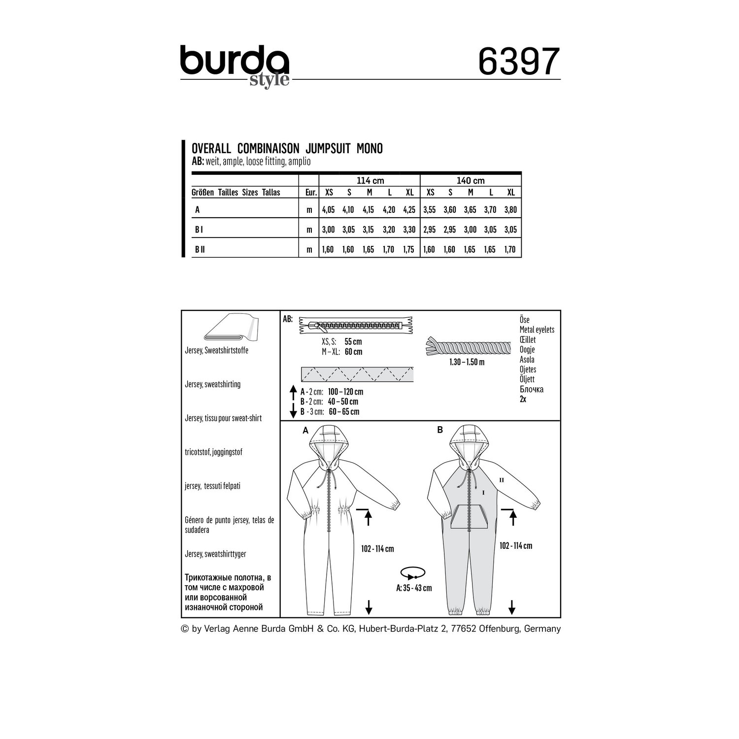 burda style Schnittmuster 6397: Overall zum Entspannen, Rückseite der Schnittmustertüte mit Stoffverbrauch