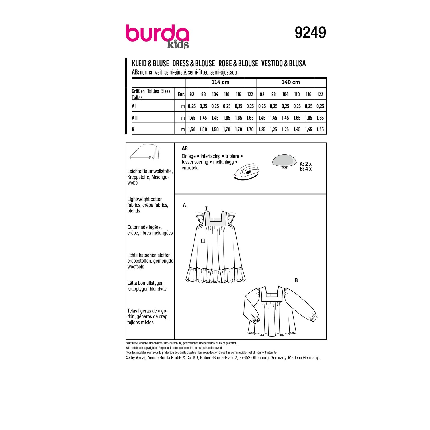 burda style Schnittmuster 9249: Kleid und Bluse mit Eckausschnitt, Rückseite der Schnittmustertüte mit Stoffverbrauch
