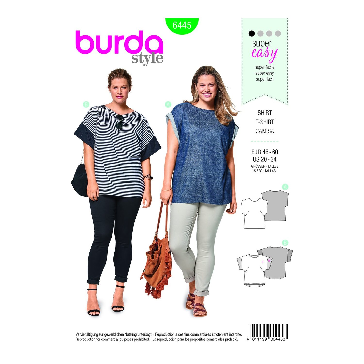 burda style Schnittmuster 6445: Lässiges Shirt mit angeschnittenen Ärmeln, Vorderseite der Schnittmustertüte