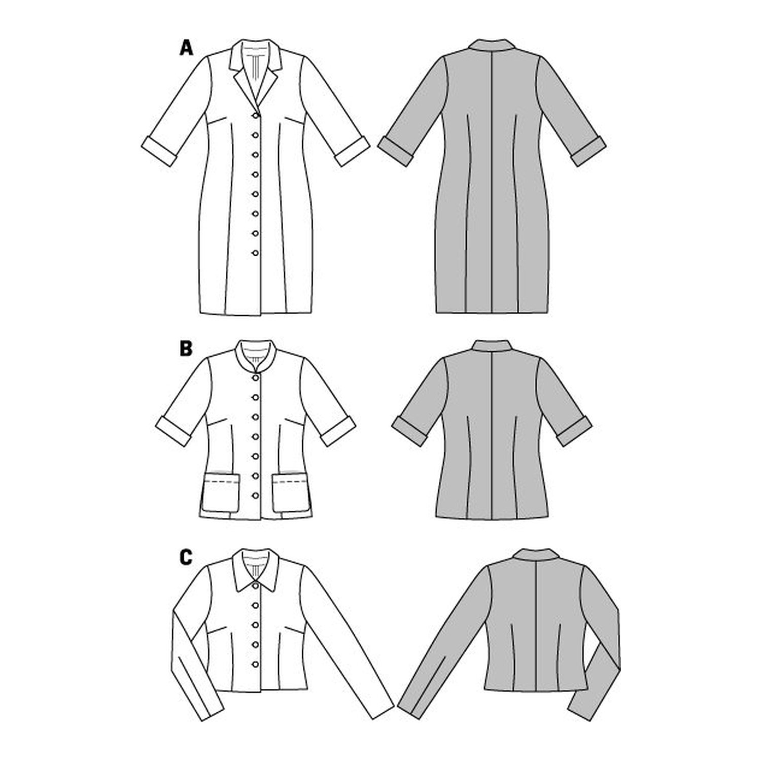 burda style Schnittmuster 6760: Hemdblusenkleid und Jacken, Technische Zeichnung