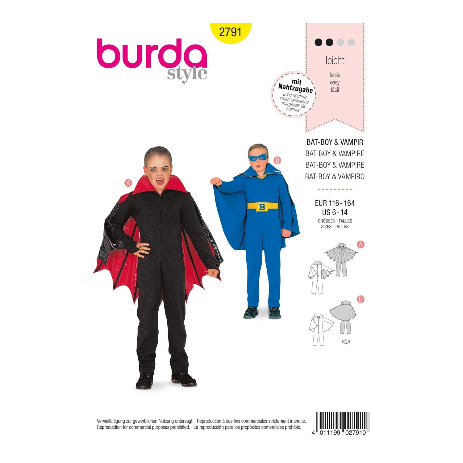 burda style Schnittmuster 2791: Kostüme Vampir und Bat-Boy, Vorderseite der Schnittmustertüte
