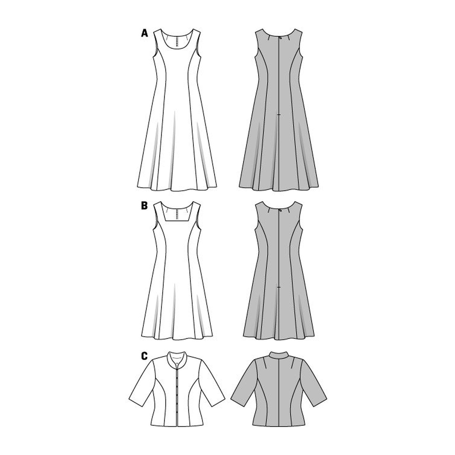 burda style Schnittmuster 6687: Ausgestelltes Kleid und Kurzarmjacke, Technische Zeichnung