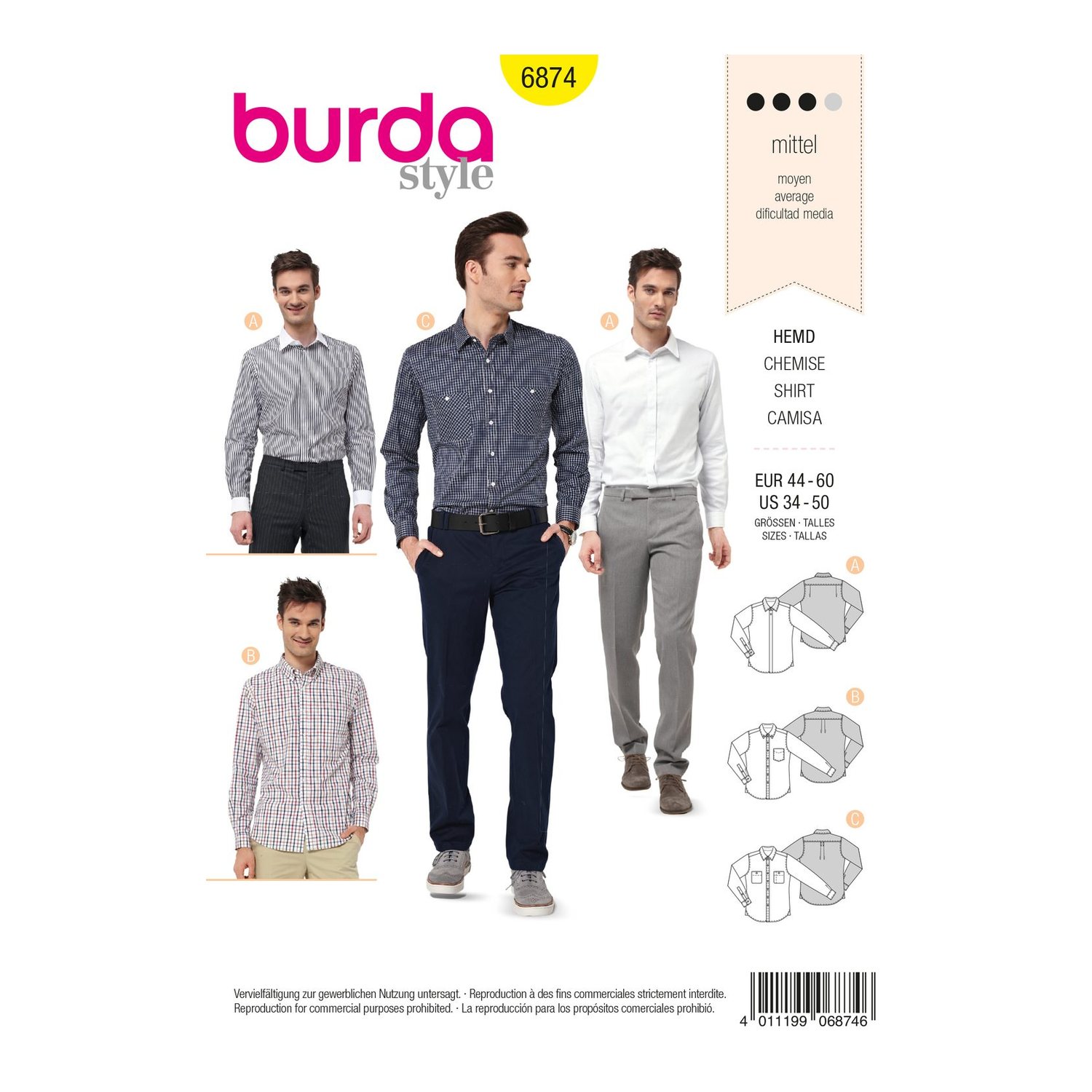 burda style Schnittmuster 6874: Herrenhemd mit Schulterpasse, Vorderseite der Schnittmustertüte