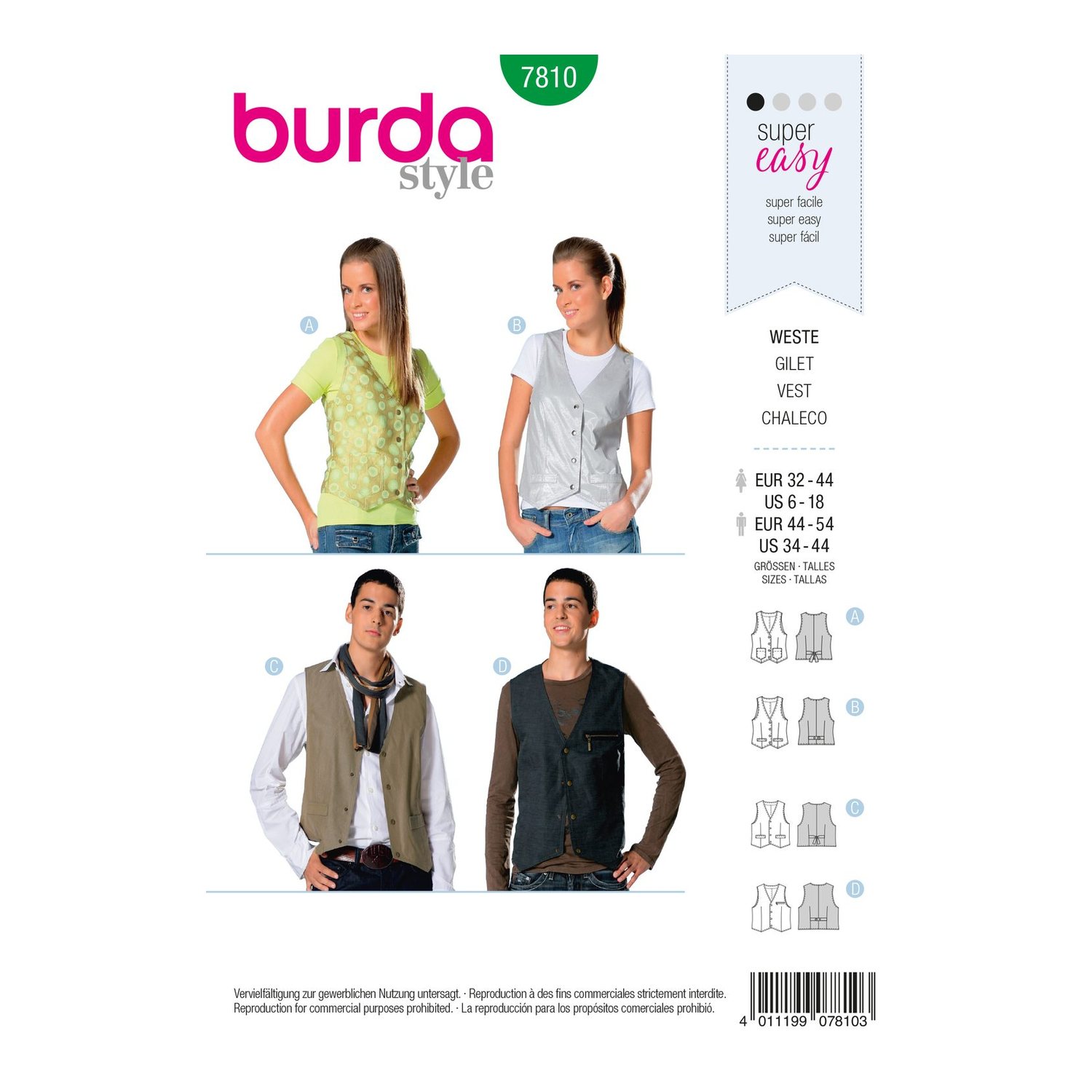 burda style Schnittmuster 7810: Weste für Damen und Herren, Vorderseite der Schnittmustertüte
