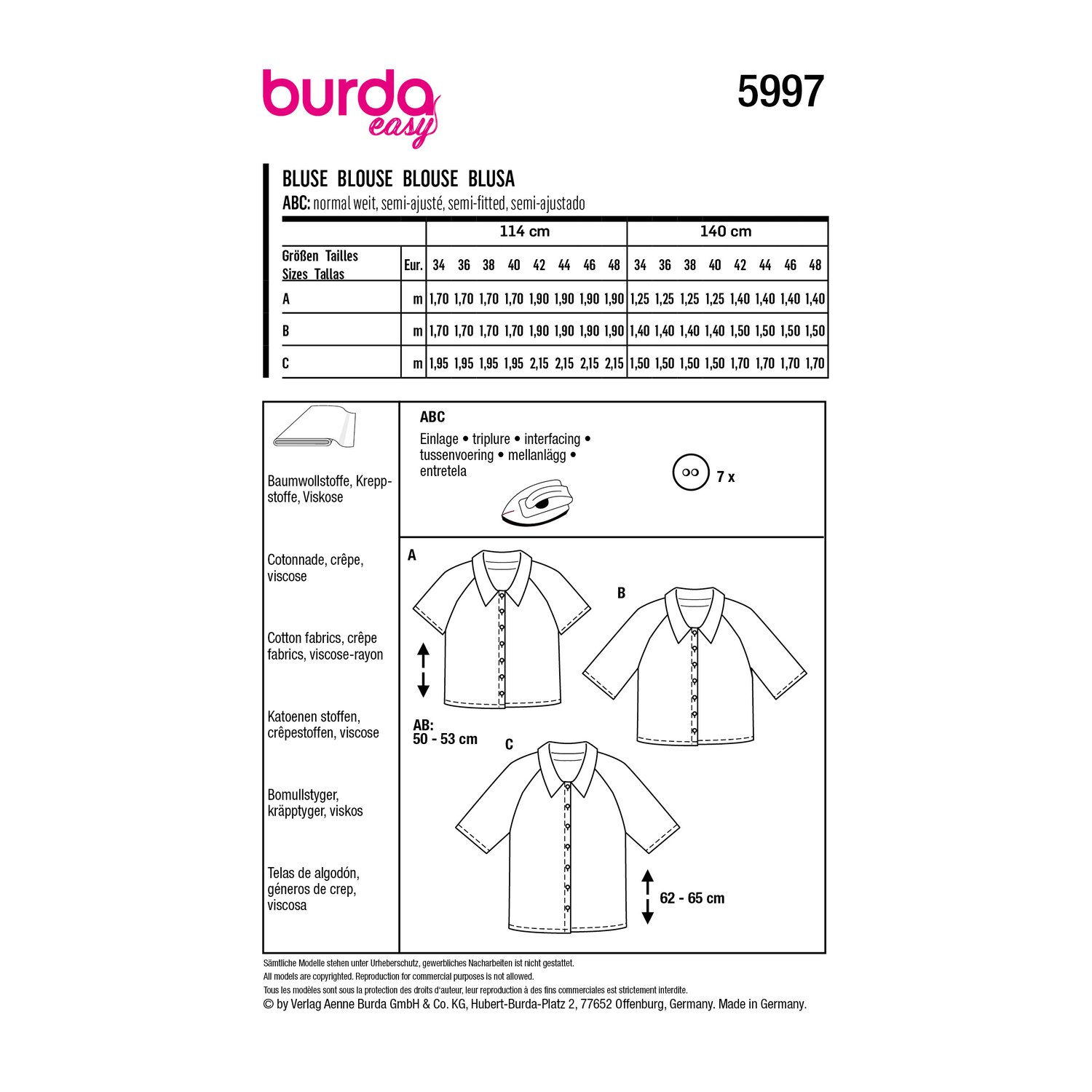 burda style Schnittmuster 5997: Bluse mit Raglanärmeln und Kragen, Rückseite der Schnittmustertüte mit Stoffverbrauch