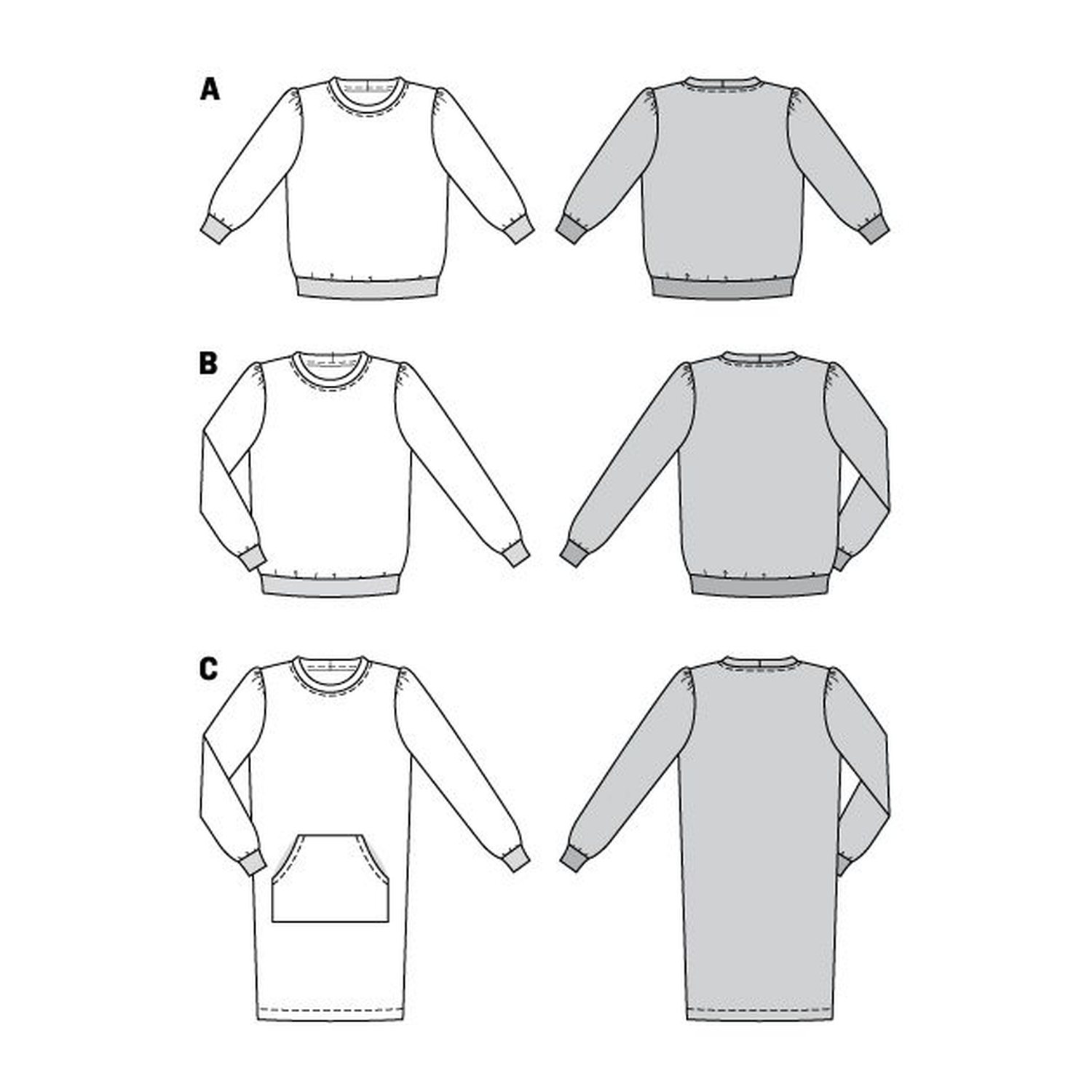 burda style Schnittmuster 6109: Sweatshirt mit Kräuselärmeln, Technische Zeichnung