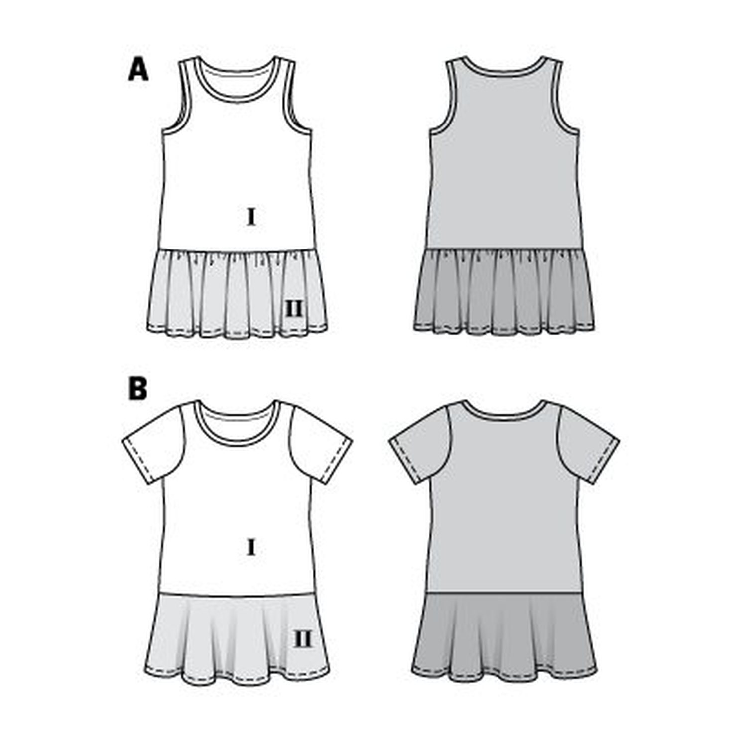 burda style Schnittmuster 9341: Jerseykleid mit Röckchen, Technische Zeichnung