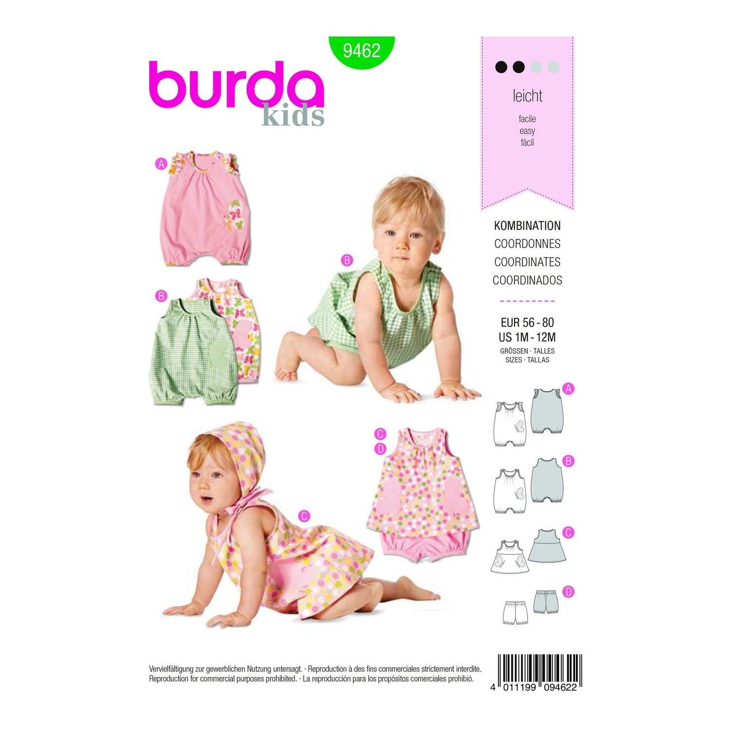 burda style Schnittmuster 9462: Babyoverall, Kleid und Pumphöschen, Vorderseite der Schnittmustertüte