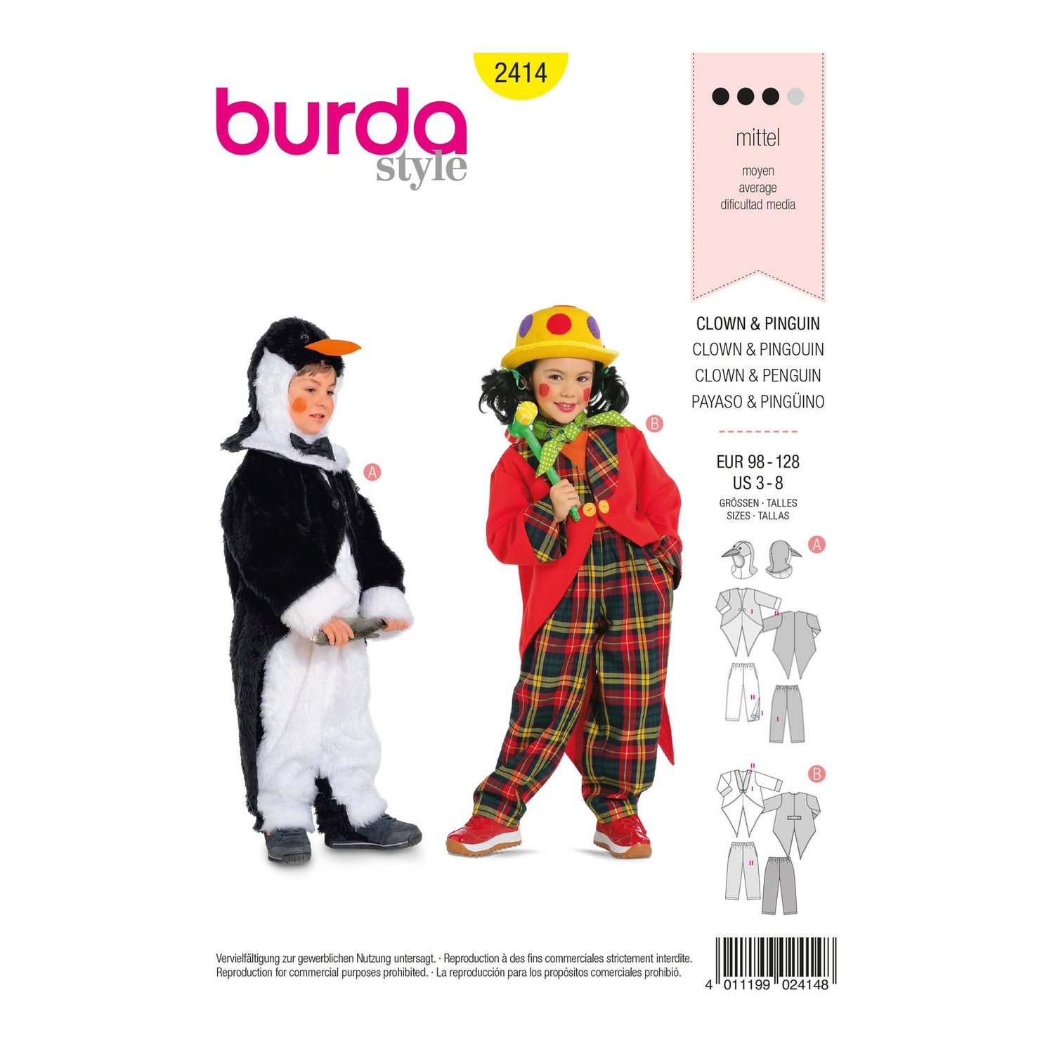 burda style Schnittmuster 2414: Kostüme Clown und Pinguin für Kinder, Vorderseite der Schnittmustertüte