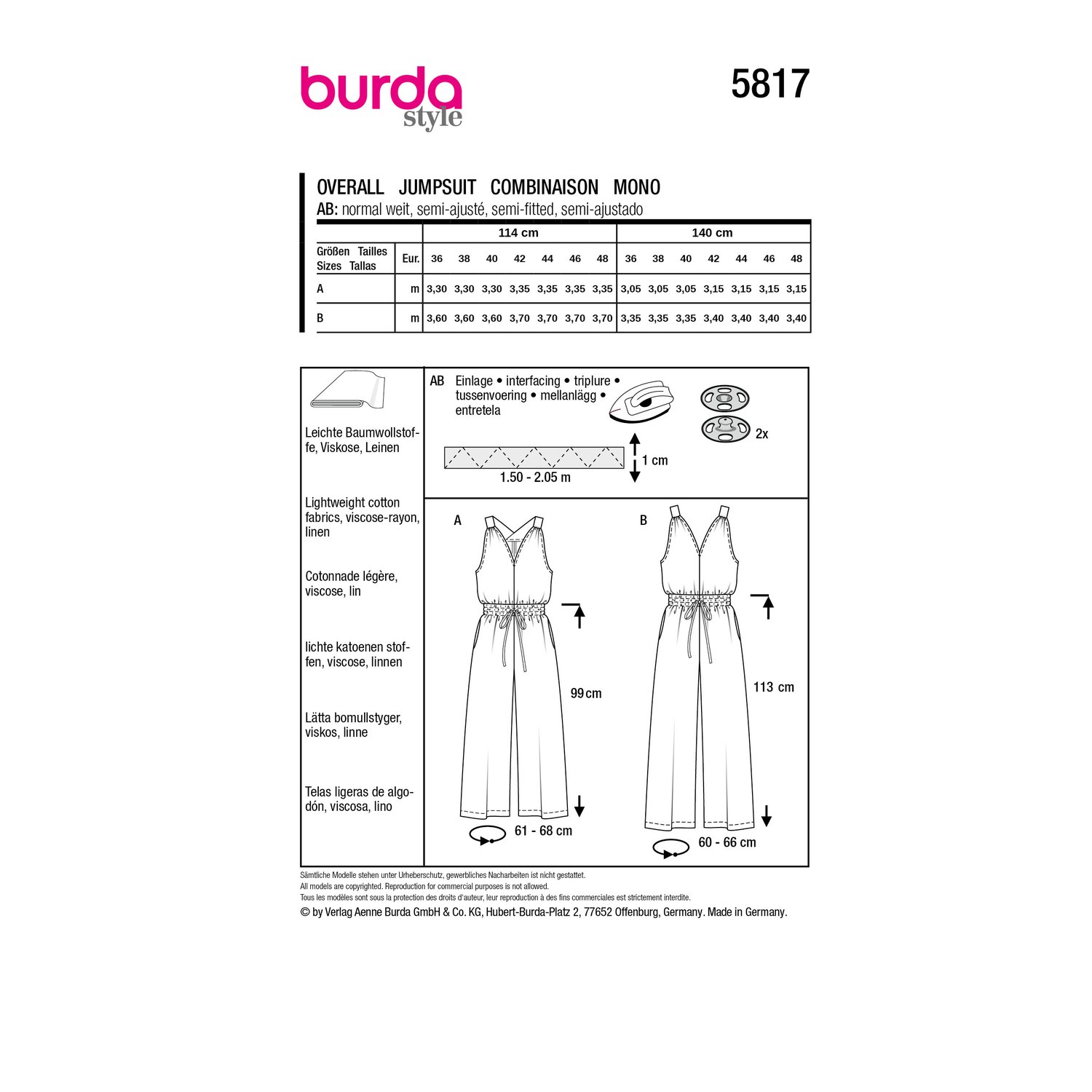 burda style Schnittmuster 5817: Overall und Seidenjumpsuit, Rückseite der Schnittmustertüte mit Stoffverbrauch