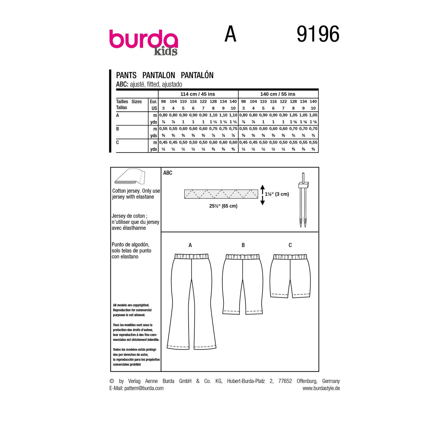 burda style Schnittmuster 9196: Jerseyhosen und Leggings-Shorts, Rückseite der Schnittmustertüte mit Stoffverbrauch