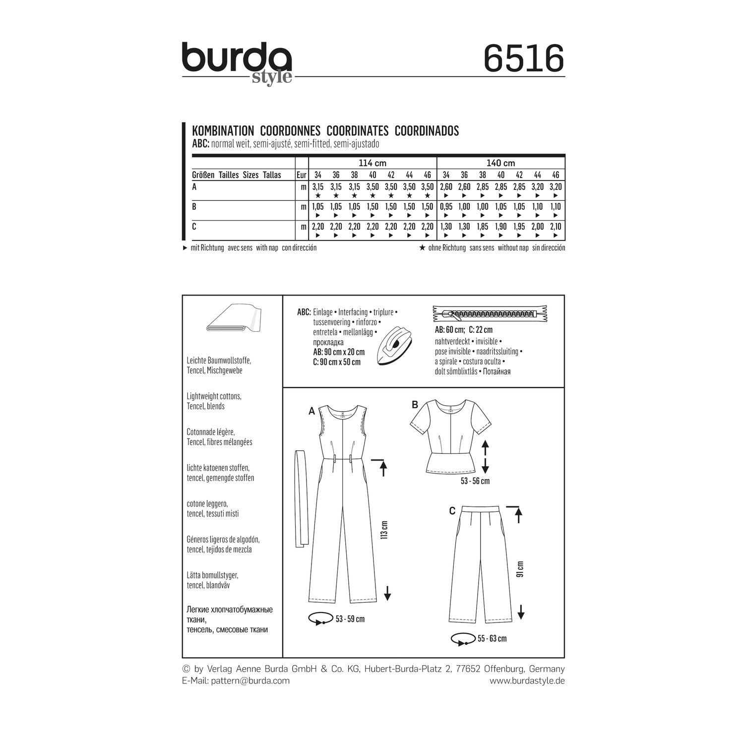 burda style Schnittmuster 6516: Overall, Schößchentop und Hose, Rückseite der Schnittmustertüte mit Stoffverbrauch