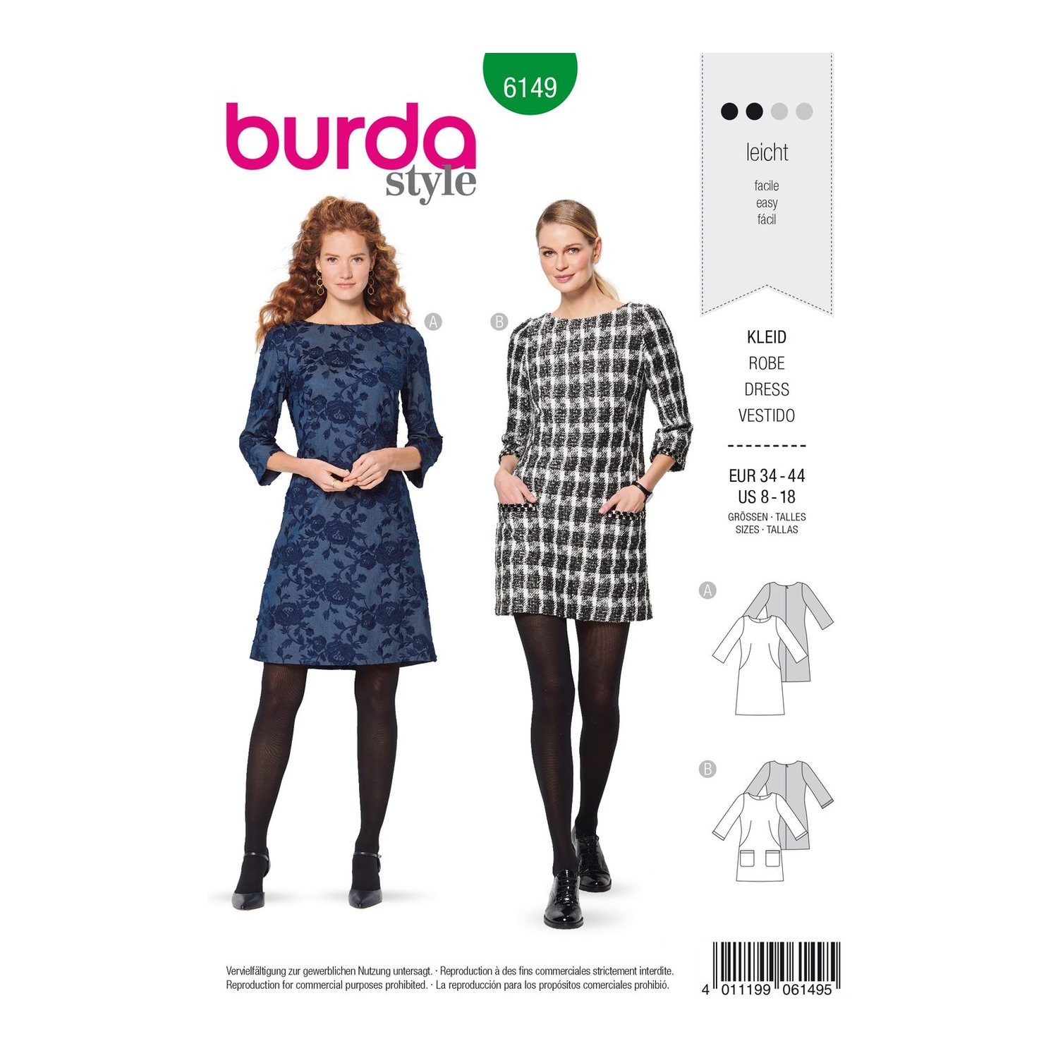 burda style Schnittmuster 6149: Kleid mit halsfernem Ausschnitt, Vorderseite der Schnittmustertüte