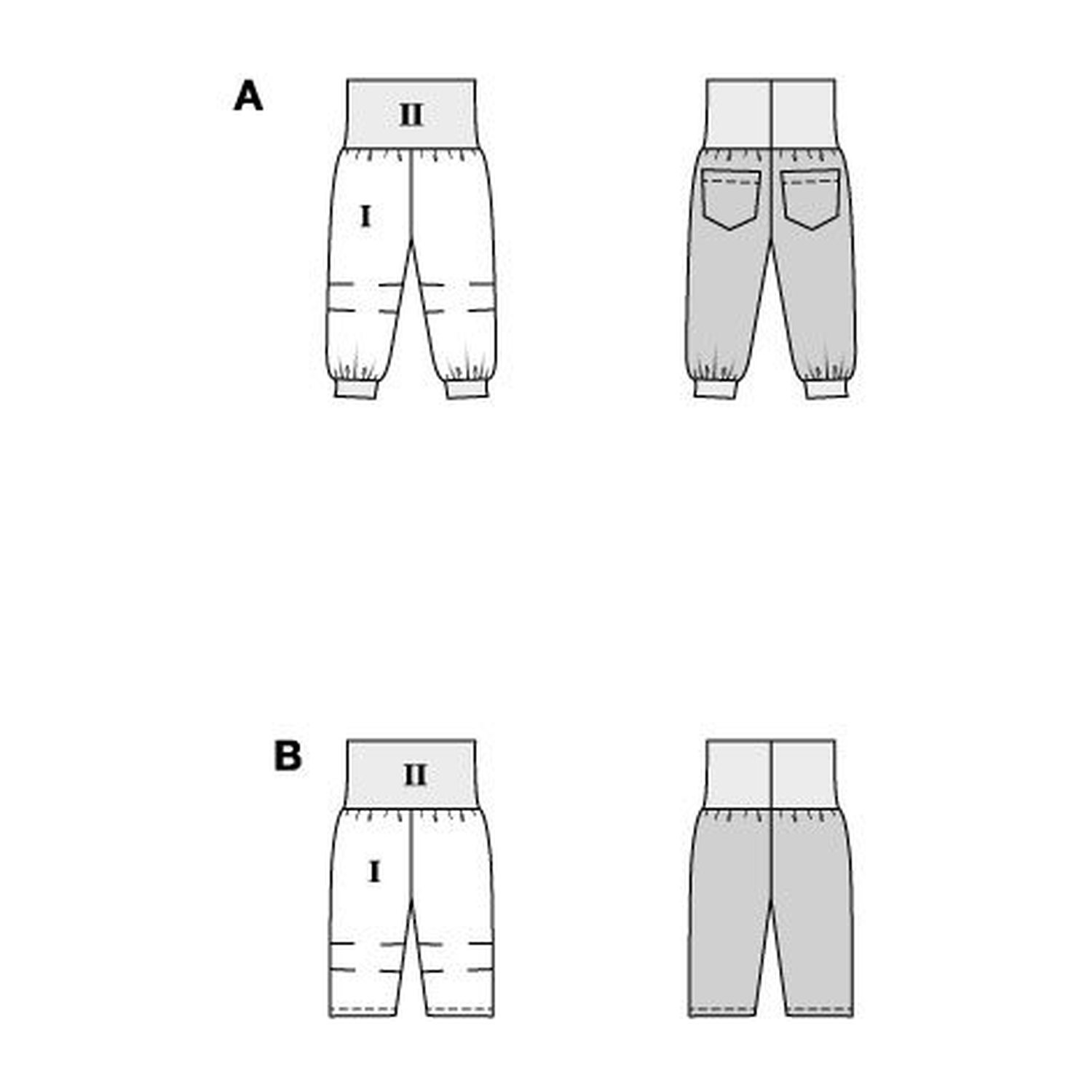 burda style Schnittmuster 9187: Babyhosen mit Bündchenbund, Technische Zeichnung