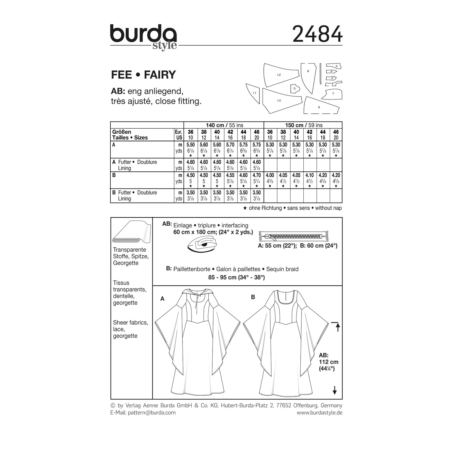 burda style Schnittmuster 2484: Kostüme Fee und Elfe, Rückseite der Schnittmustertüte mit Stoffverbrauch