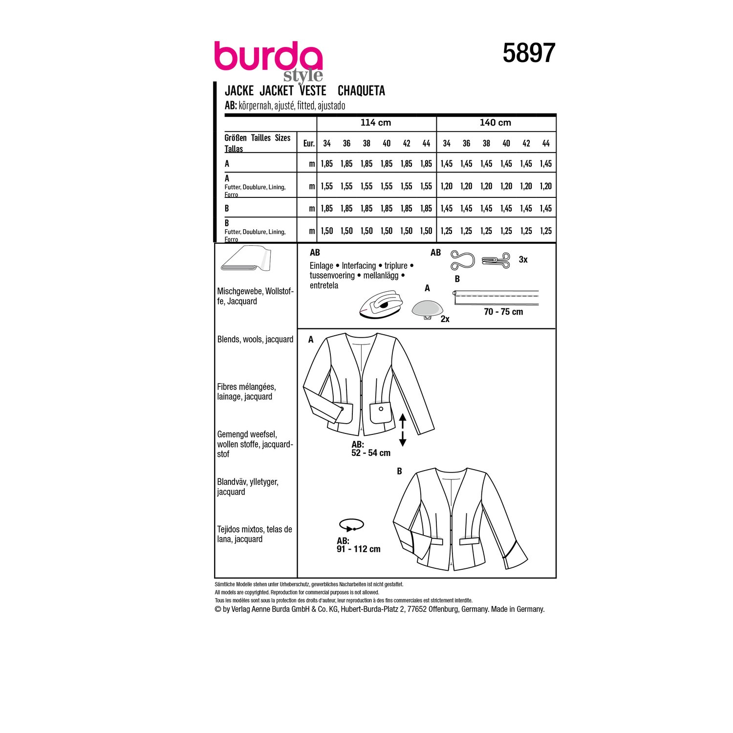 burda style Schnittmuster 5897: Taillierte Kurzjacke mit Futter, Rückseite der Schnittmustertüte mit Stoffverbrauch