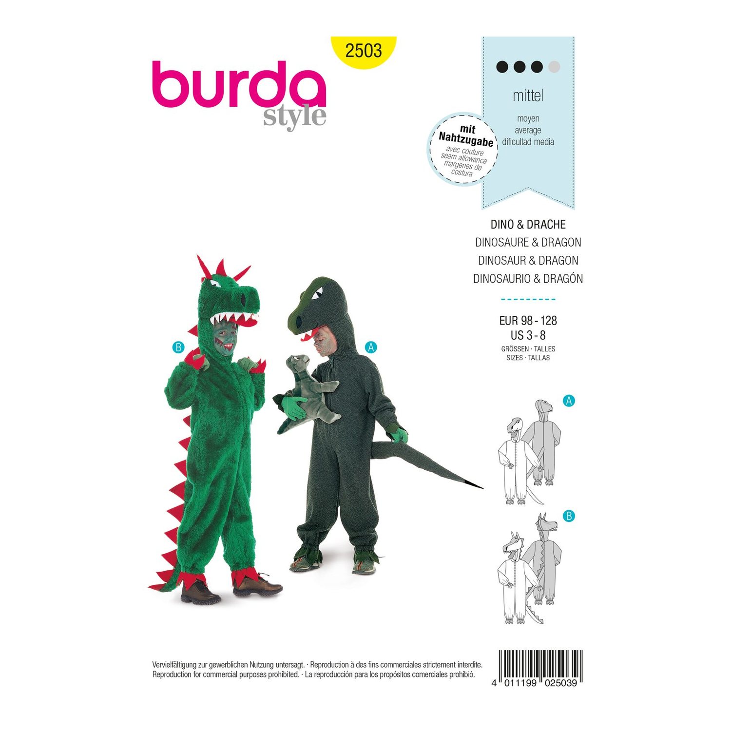 burda style Schnittmuster 2503: Kostüme Drache und Dinosaurier, Vorderseite der Schnittmustertüte