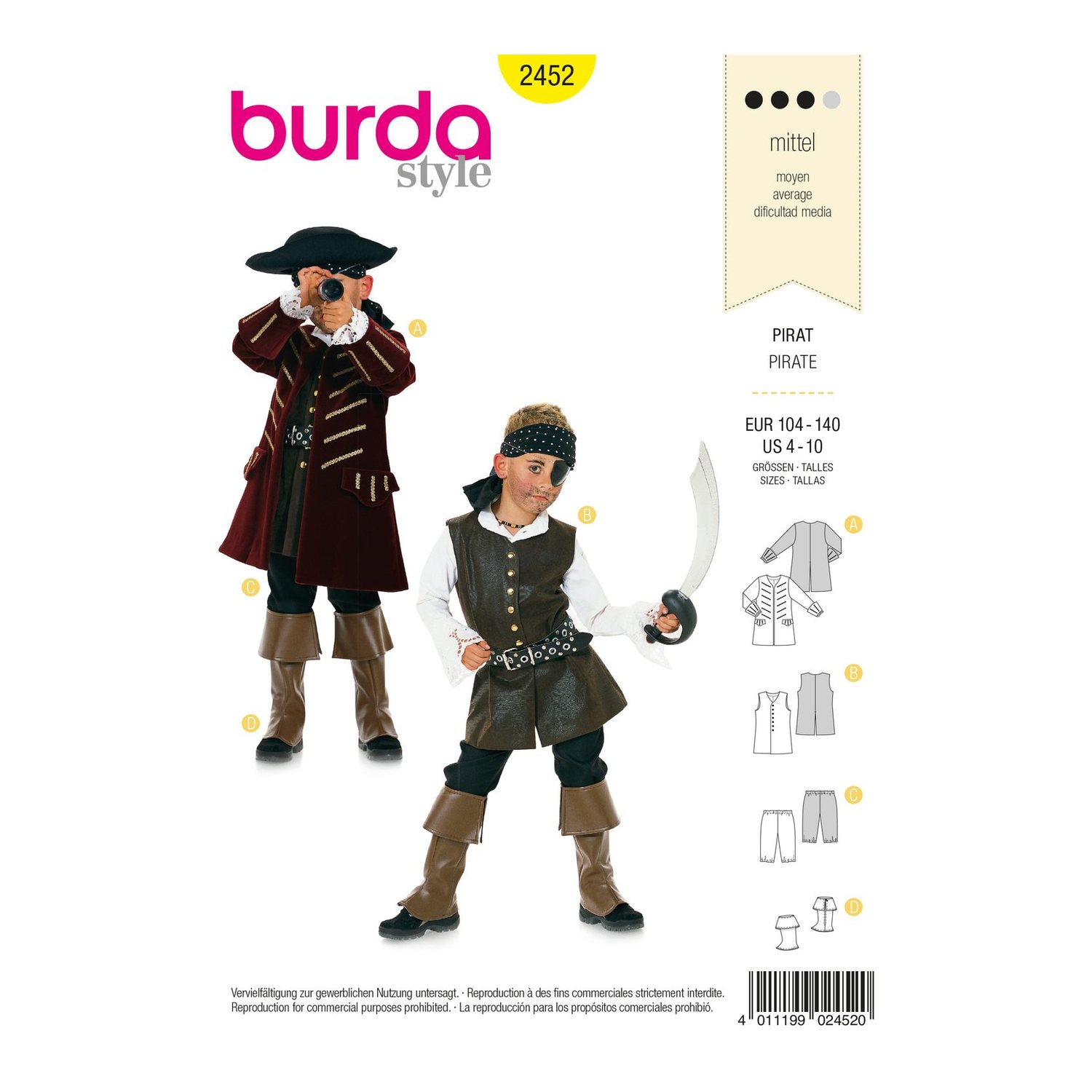 burda style Schnittmuster 2452: Piratenkostüm für Kinder, Vorderseite der Schnittmustertüte