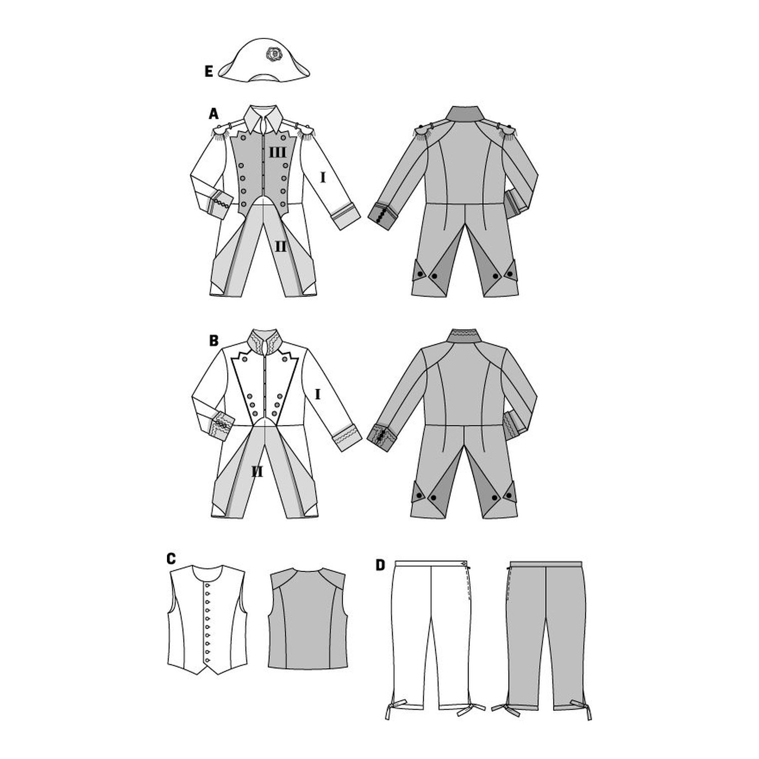 burda style Schnittmuster 2471: Napoleon-Kostüm mit Uniformjacke, Technische Zeichnung