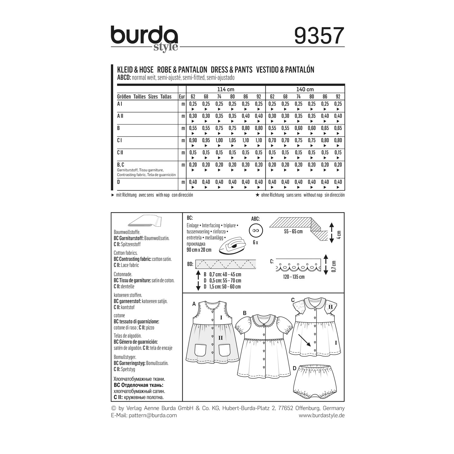 burda style Schnittmuster 9357: Sommerkleid und Babyhöschen, Rückseite der Schnittmustertüte mit Stoffverbrauch