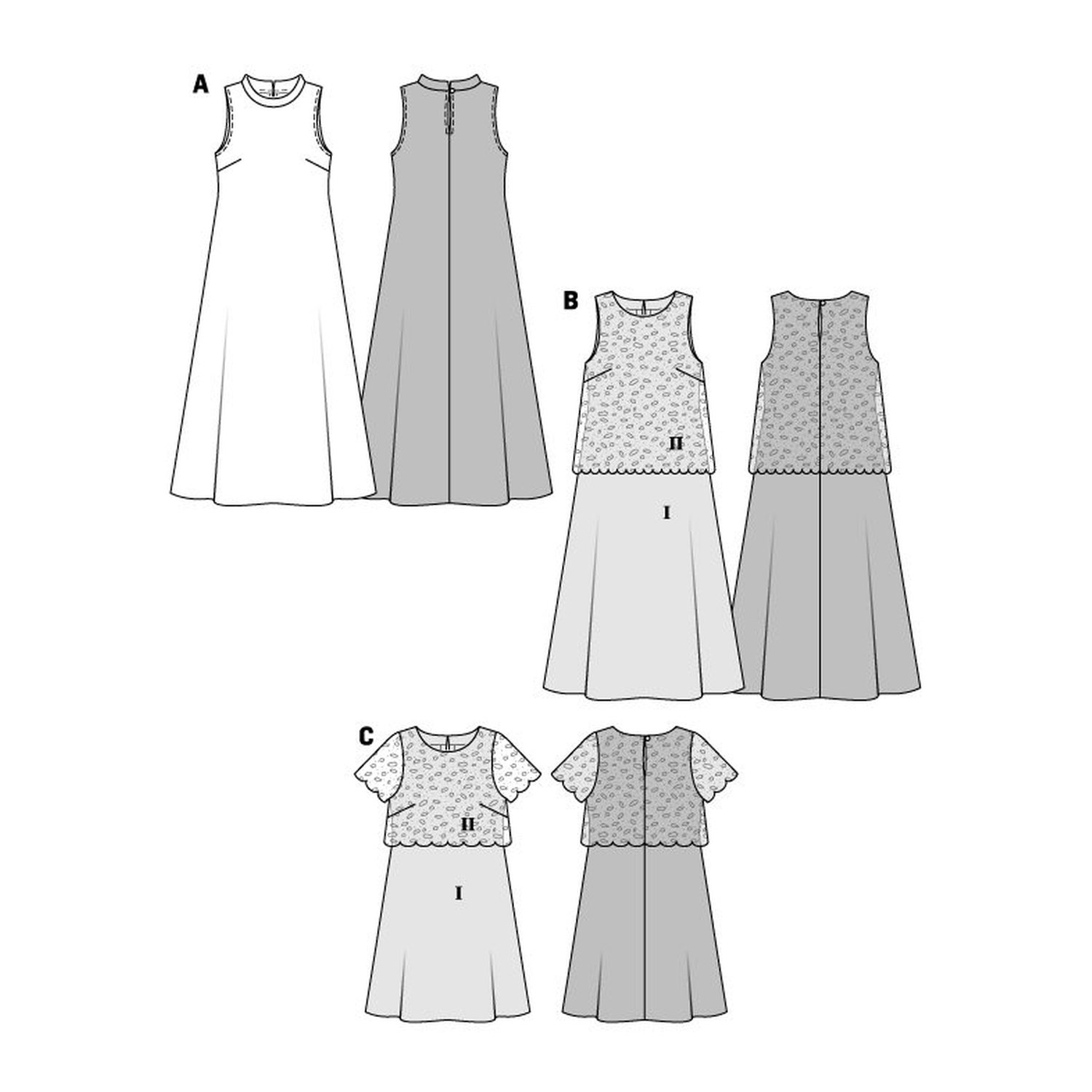 burda style Schnittmuster 6628: Kleid in drei Varianten, Technische Zeichnung