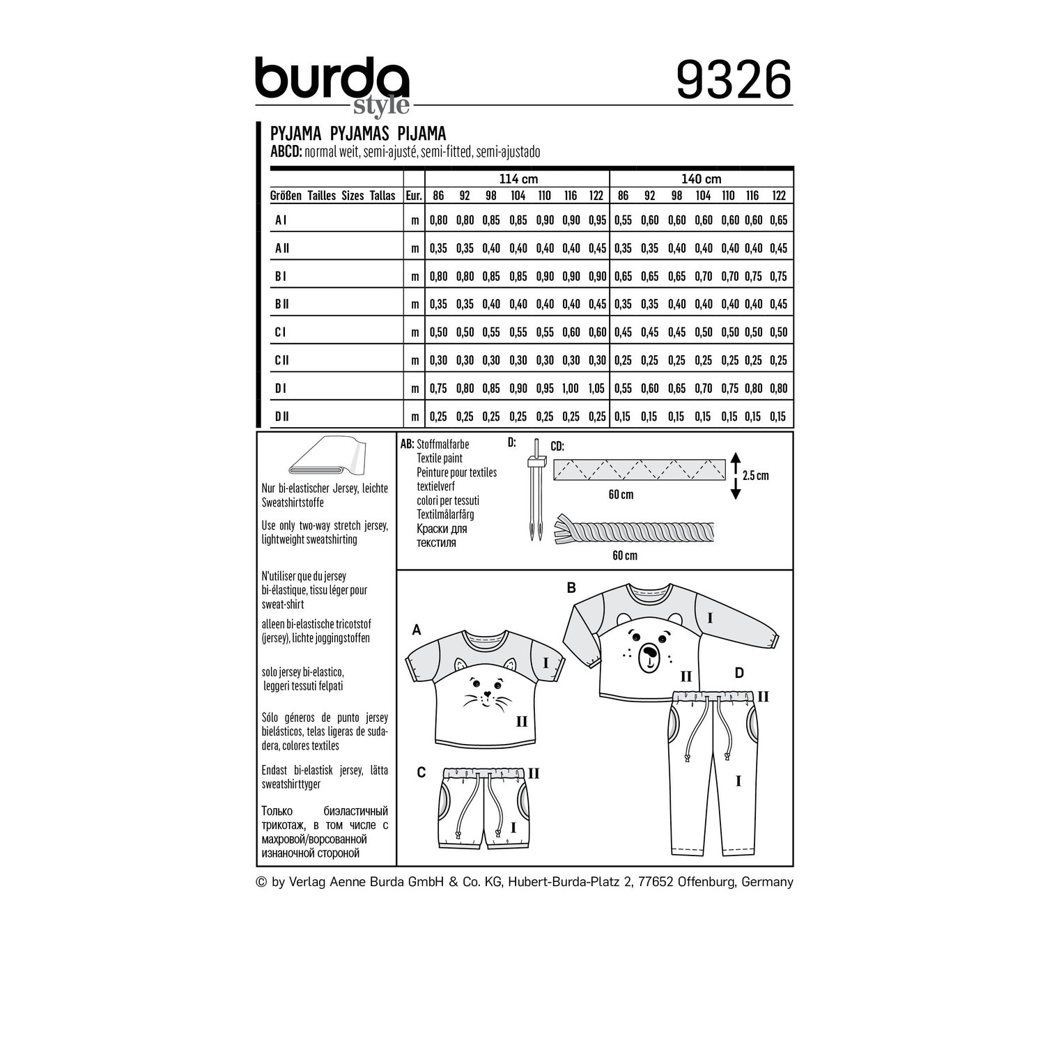 burda style Schnittmuster 9326: Kinderpyjama mit Bärengesicht, Rückseite der Schnittmustertüte mit Stoffverbrauch