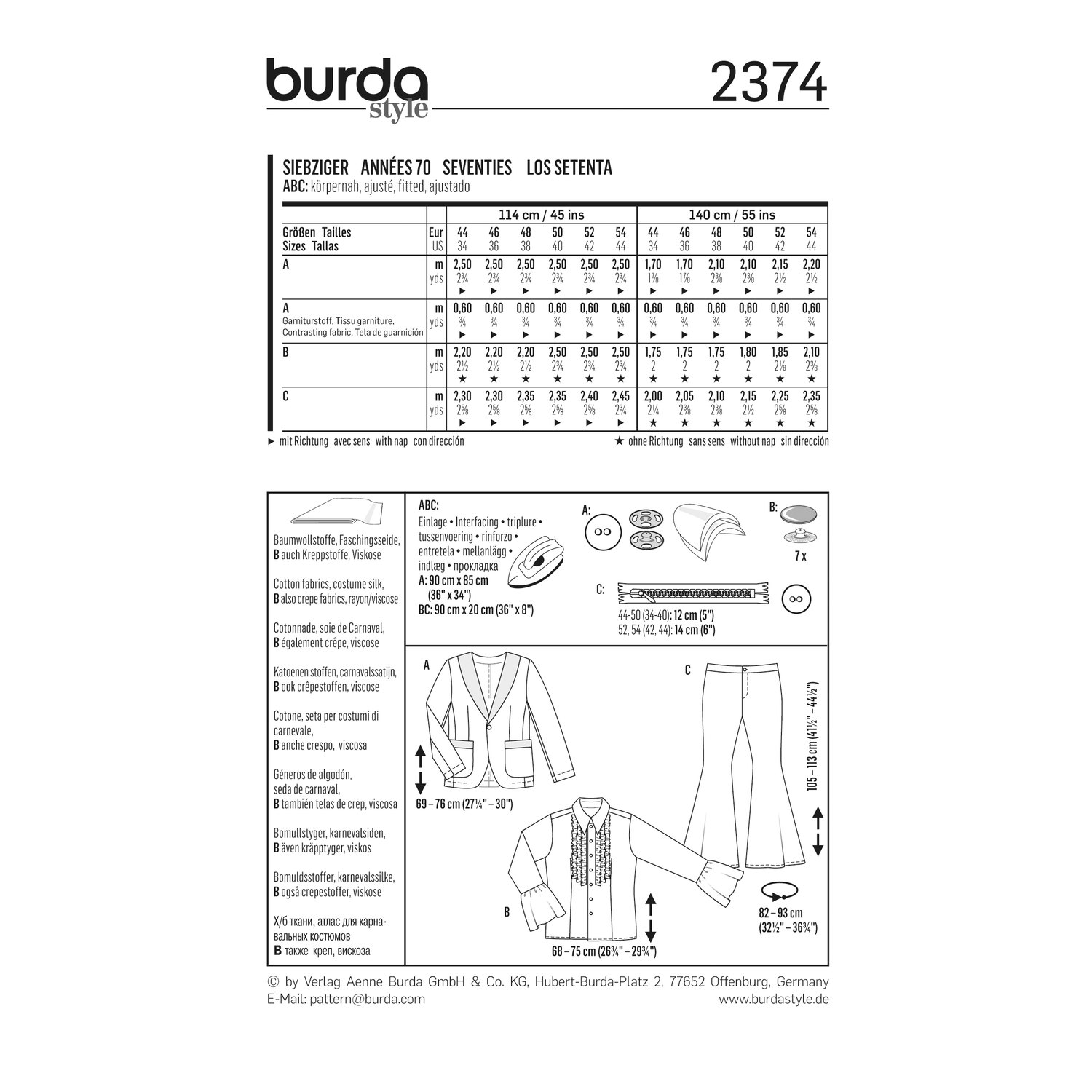 burda style Schnittmuster 2374: Herren-Outfit im Siebzigerstil, Rückseite der Schnittmustertüte mit Stoffverbrauch