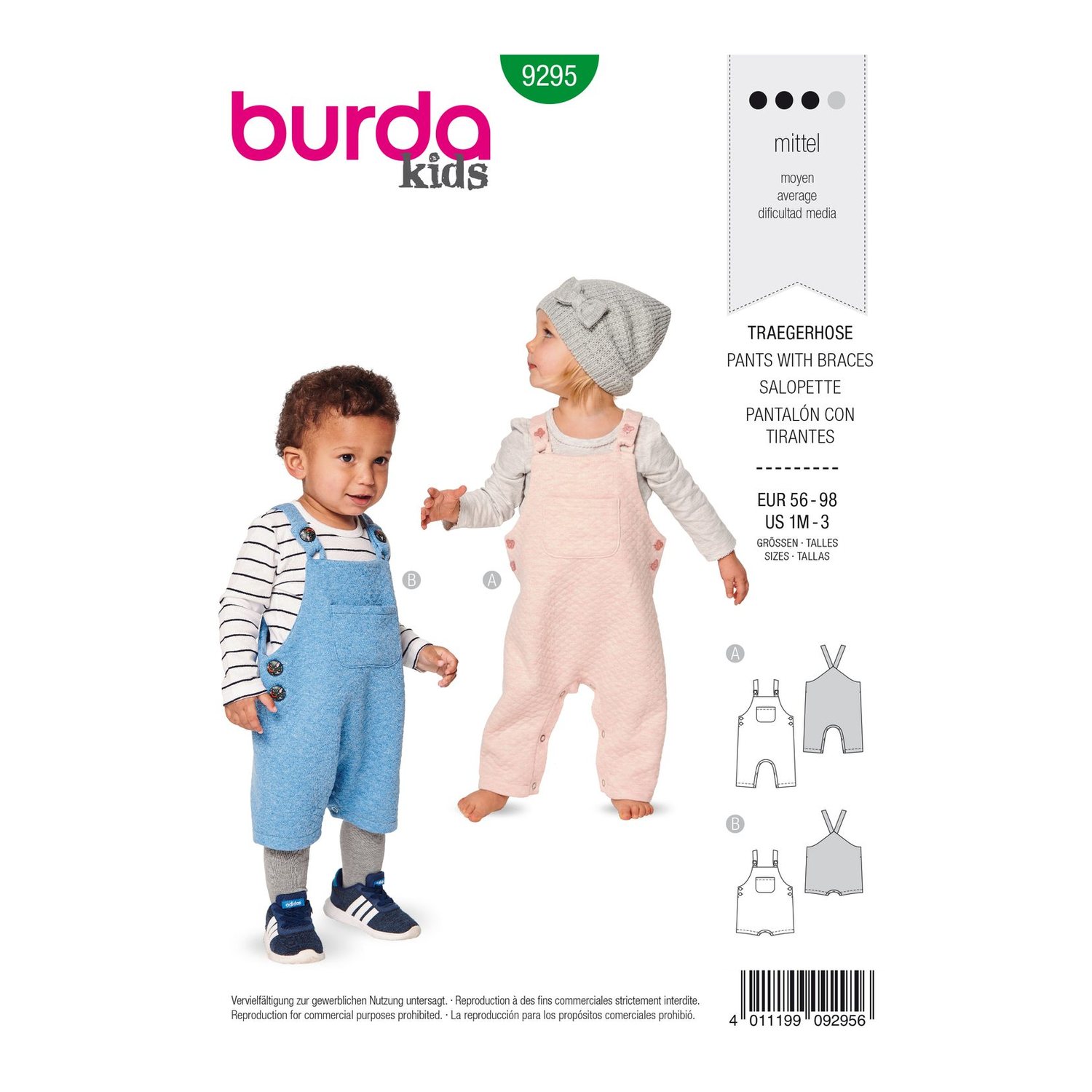 burda style Schnittmuster 9295: Latzhose mit Knopfträgern, Vorderseite der Schnittmustertüte