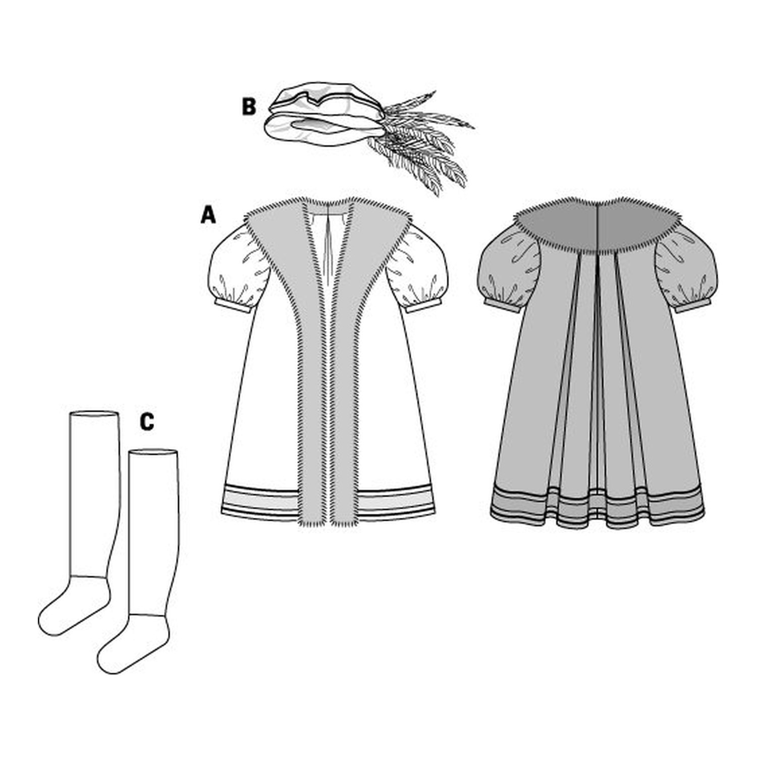 burda style Schnittmuster 6887: Renaissance-Mantel mit Hut, Technische Zeichnung