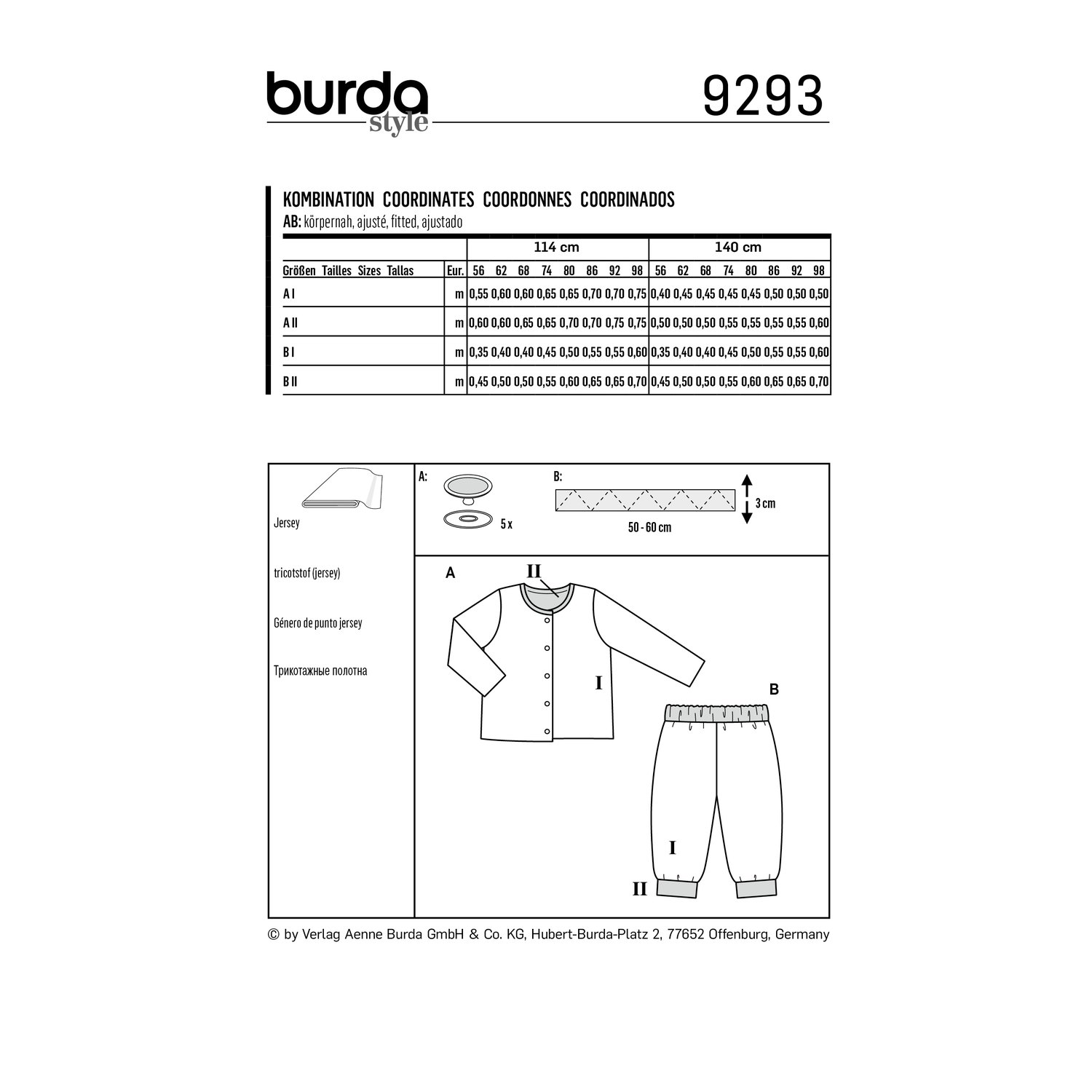 burda style Schnittmuster 9293: Wendejacke und Wendehose, Rückseite der Schnittmustertüte mit Stoffverbrauch