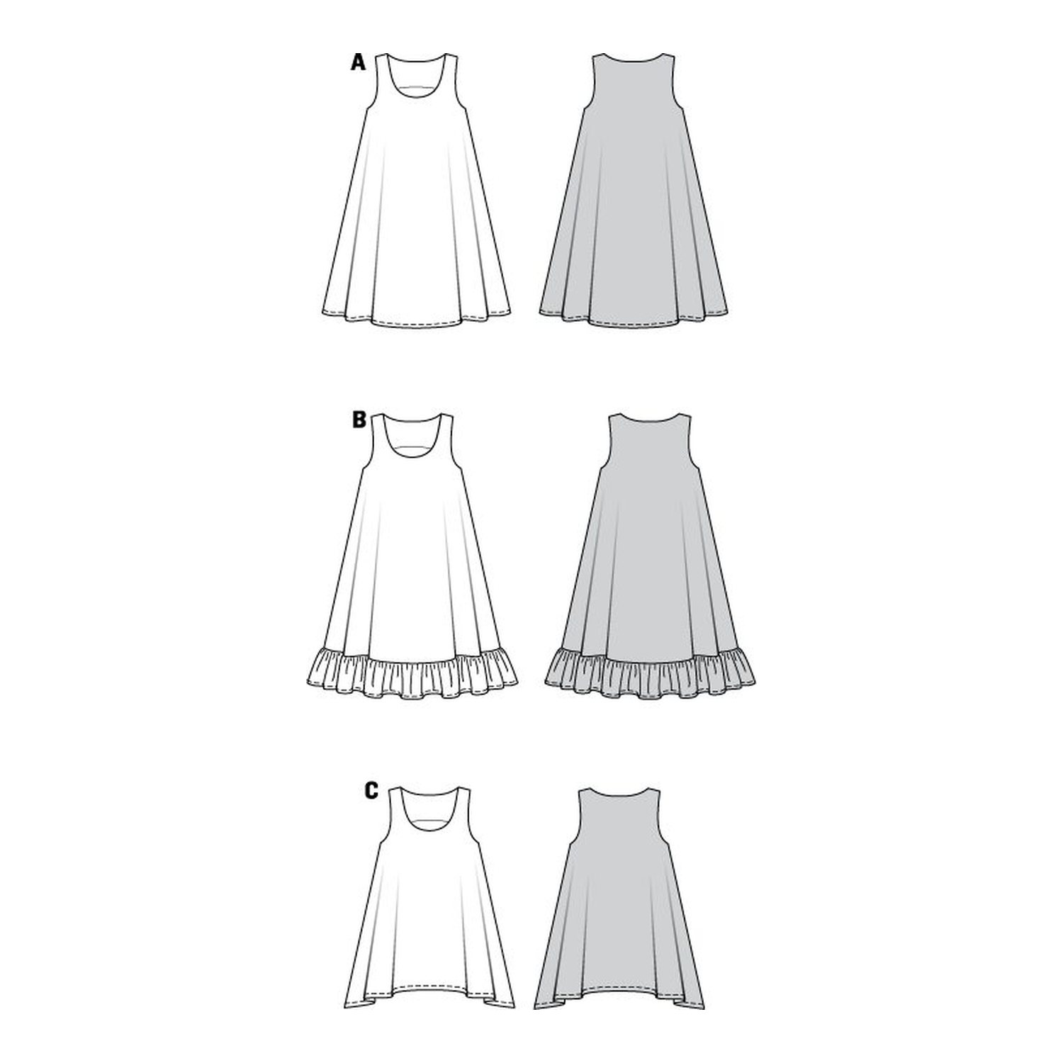 burda style Schnittmuster 7390: Kleid und Tunika, Technische Zeichnung