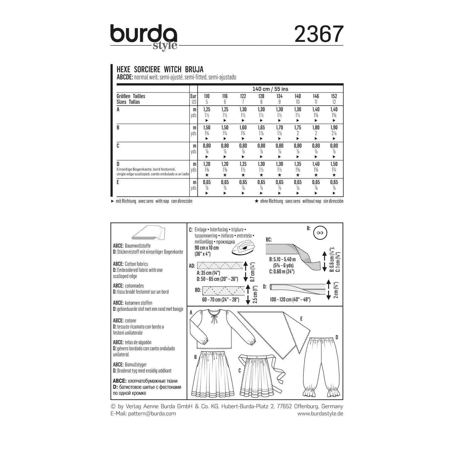 burda style Schnittmuster 2367: Hexenkostüm für Kinder, Rückseite der Schnittmustertüte mit Stoffverbrauch