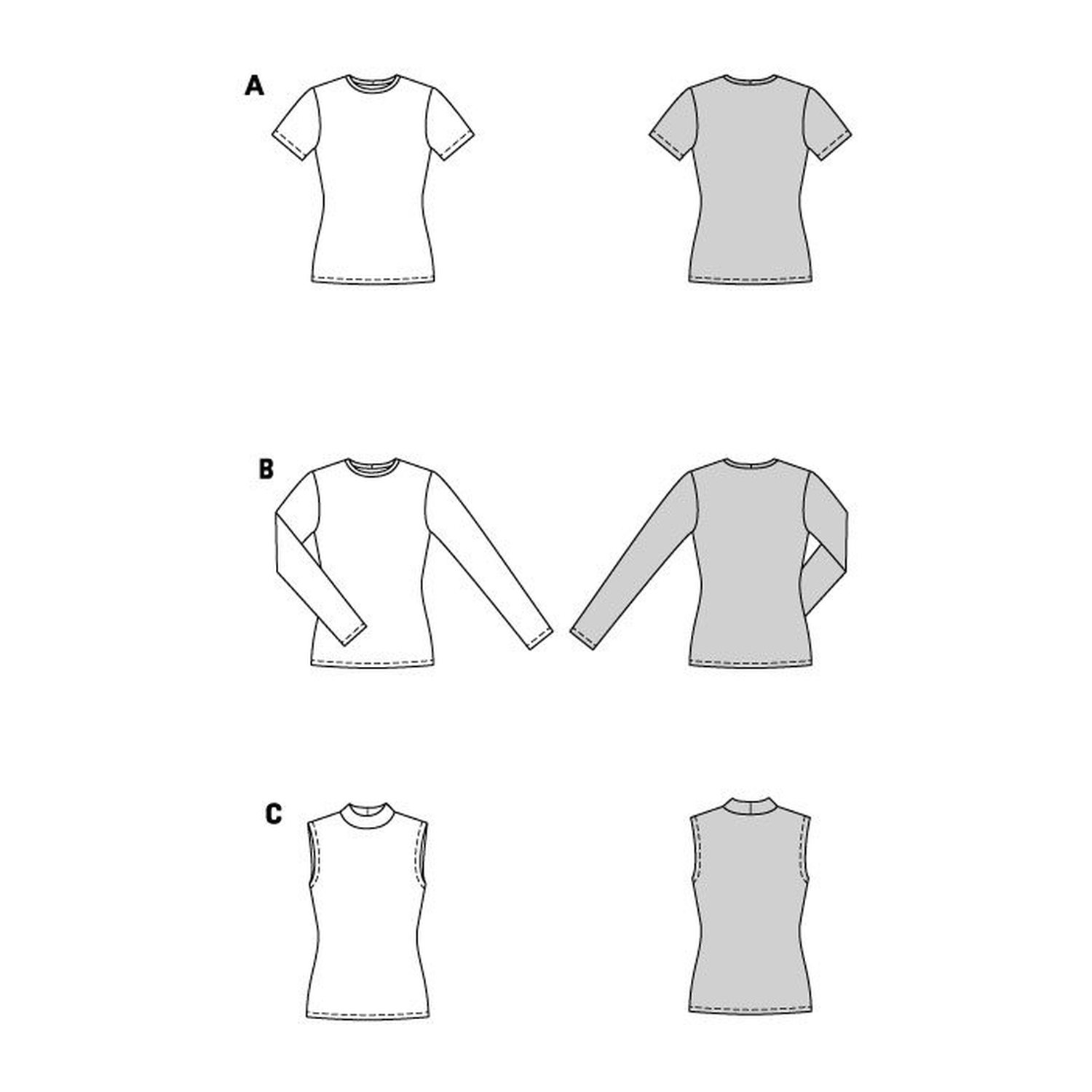 burda style Schnittmuster 5594: Top, Longsleeve und ärmelloses Shirt, Technische Zeichnung