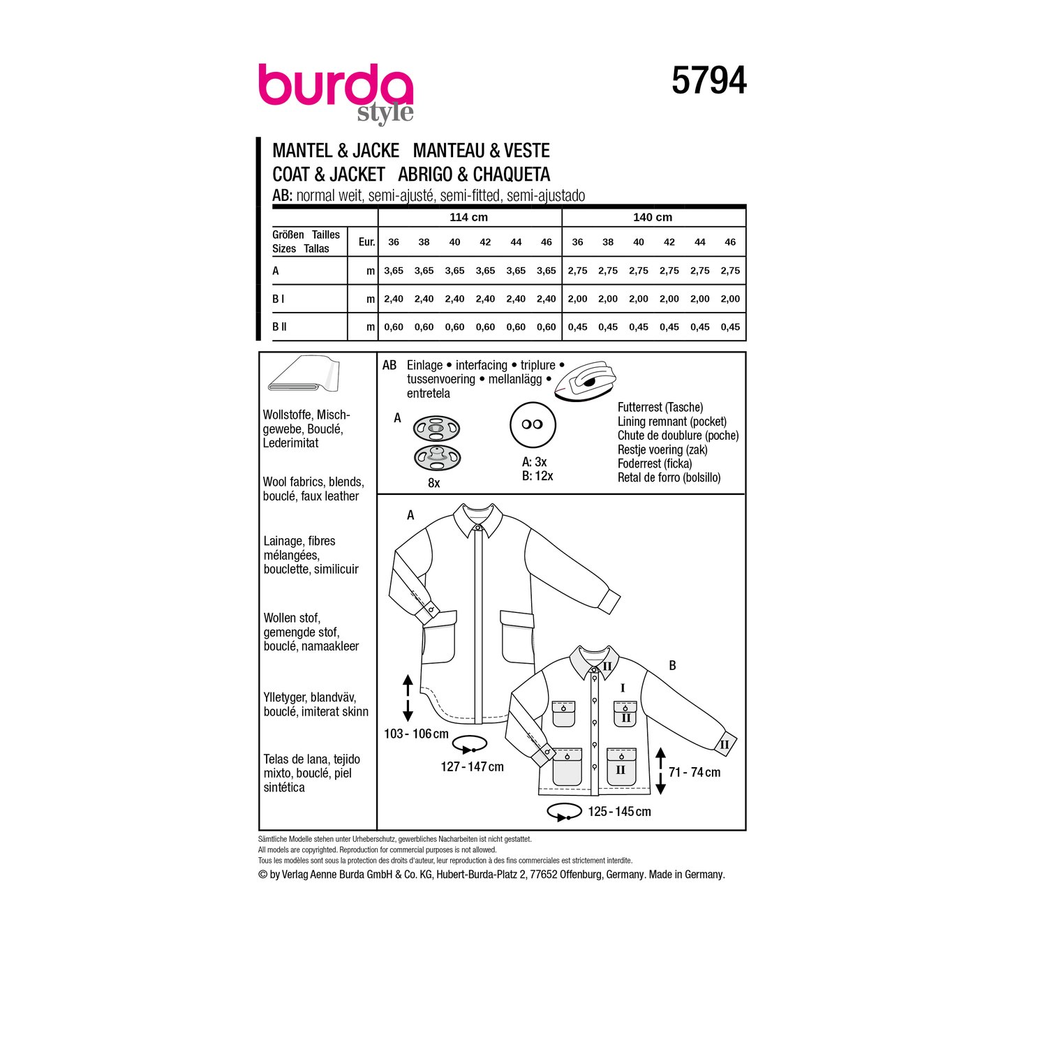 burda style Schnittmuster 5794: Mantel und Utility-Jacke, Rückseite der Schnittmustertüte mit Stoffverbrauch
