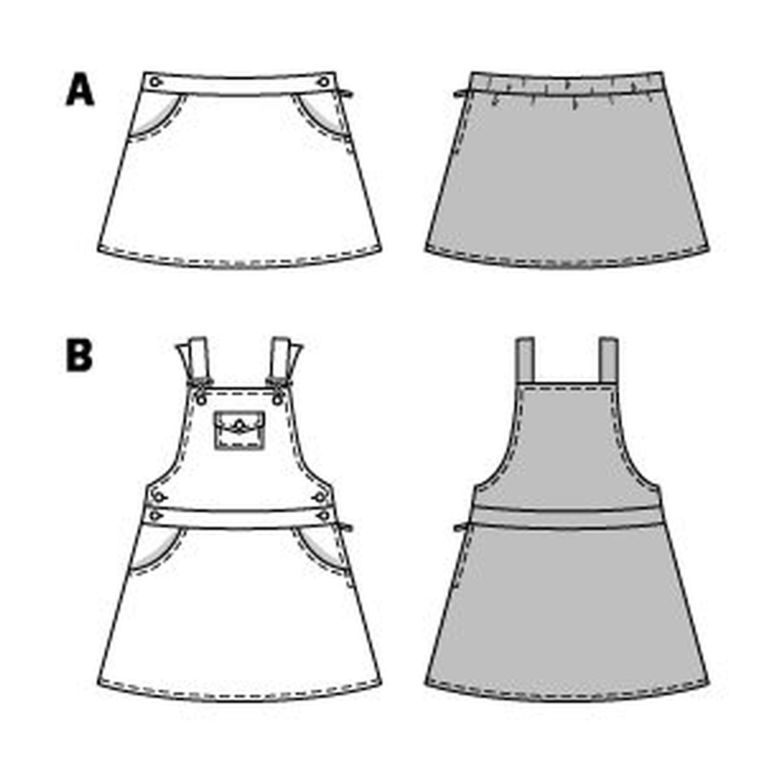 burda style Schnittmuster 9356: Ausgestellter Rock und Latzrock, Technische Zeichnung