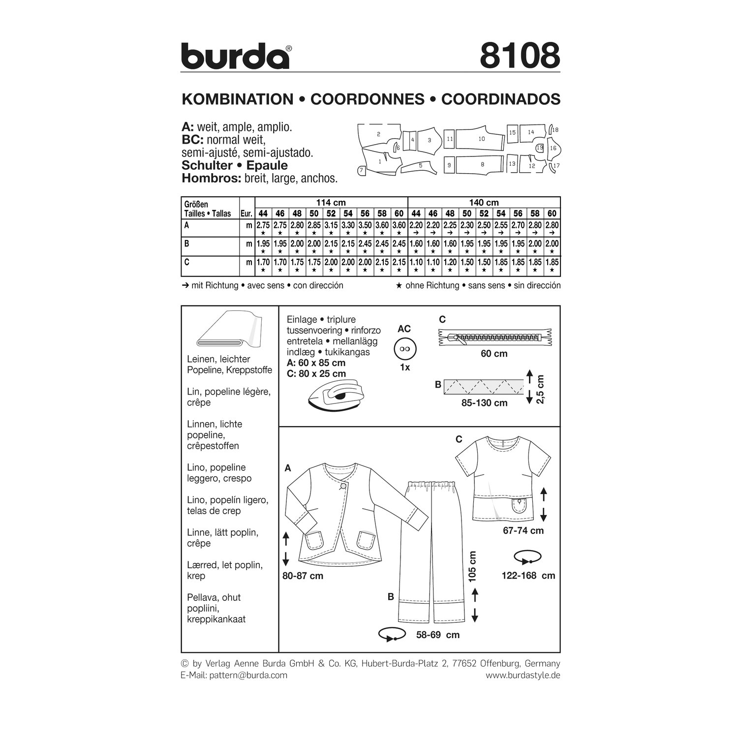 burda style Schnittmuster 8108: Jacke, Shirt und Hose, Rückseite der Schnittmustertüte mit Stoffverbrauch