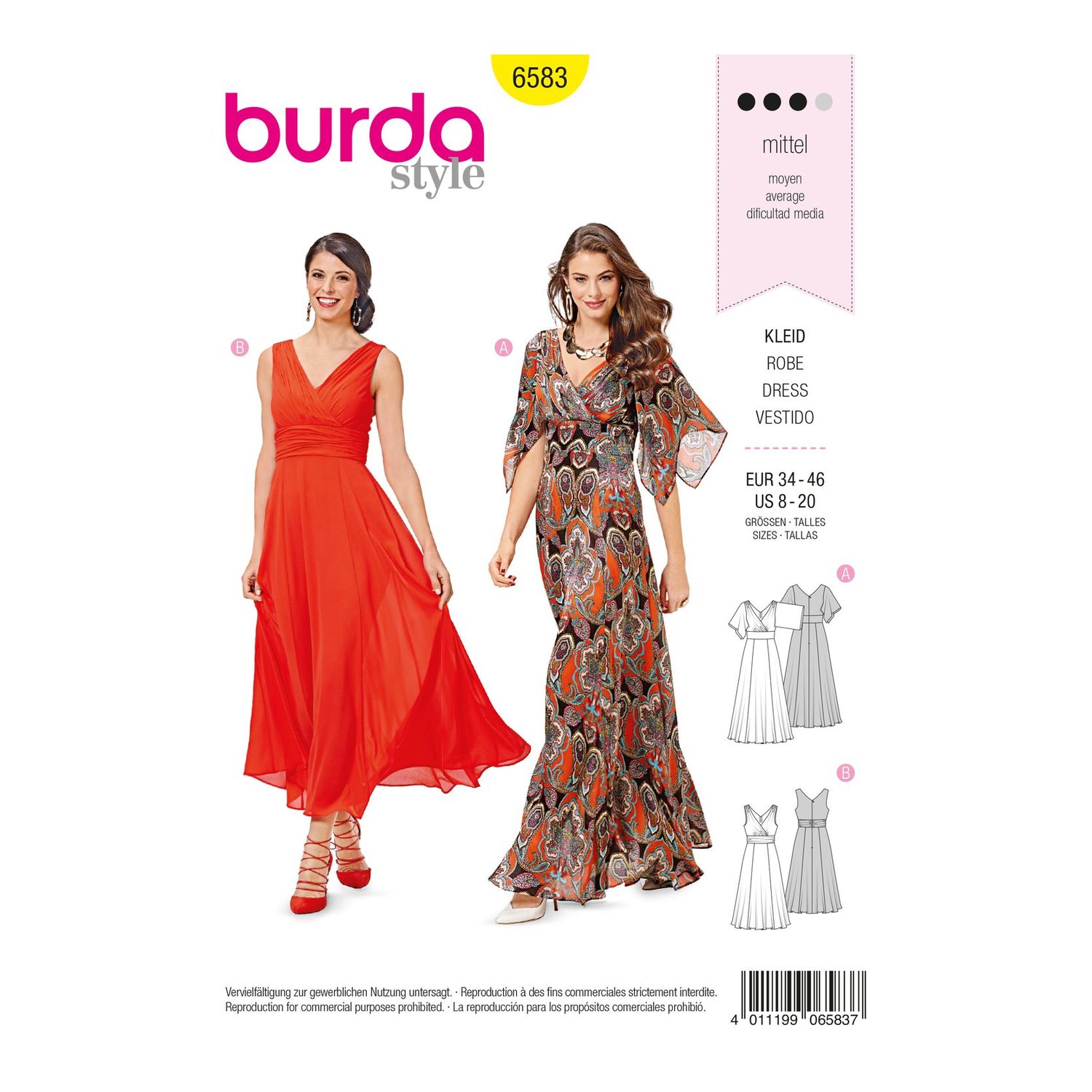 burda style Schnittmuster 6583: Ballkleid mit Bahnenrock, Vorderseite der Schnittmustertüte