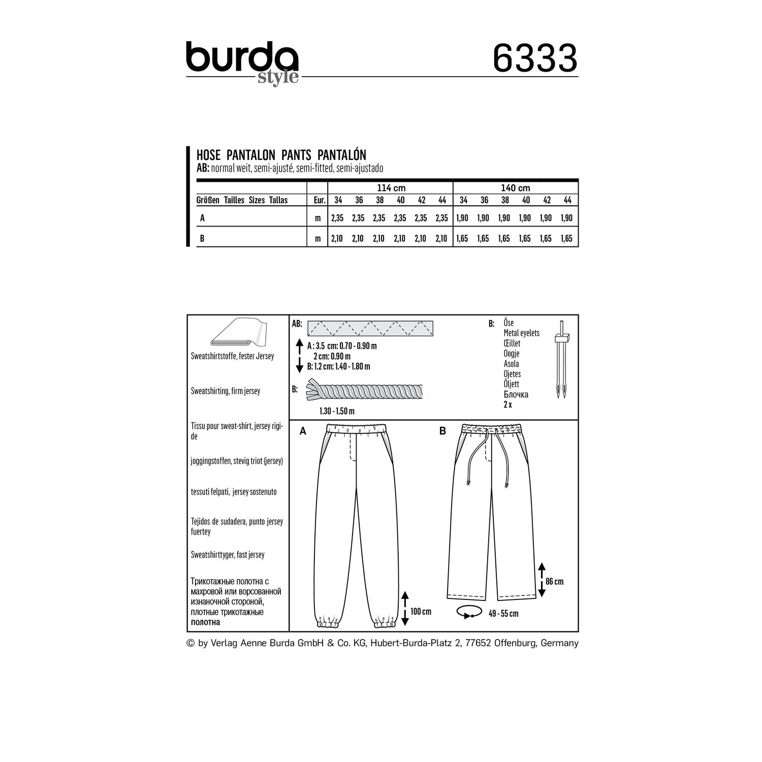 burda style Schnittmuster 6333: Jogginghose und Palazzohose, Rückseite der Schnittmustertüte mit Stoffverbrauch
